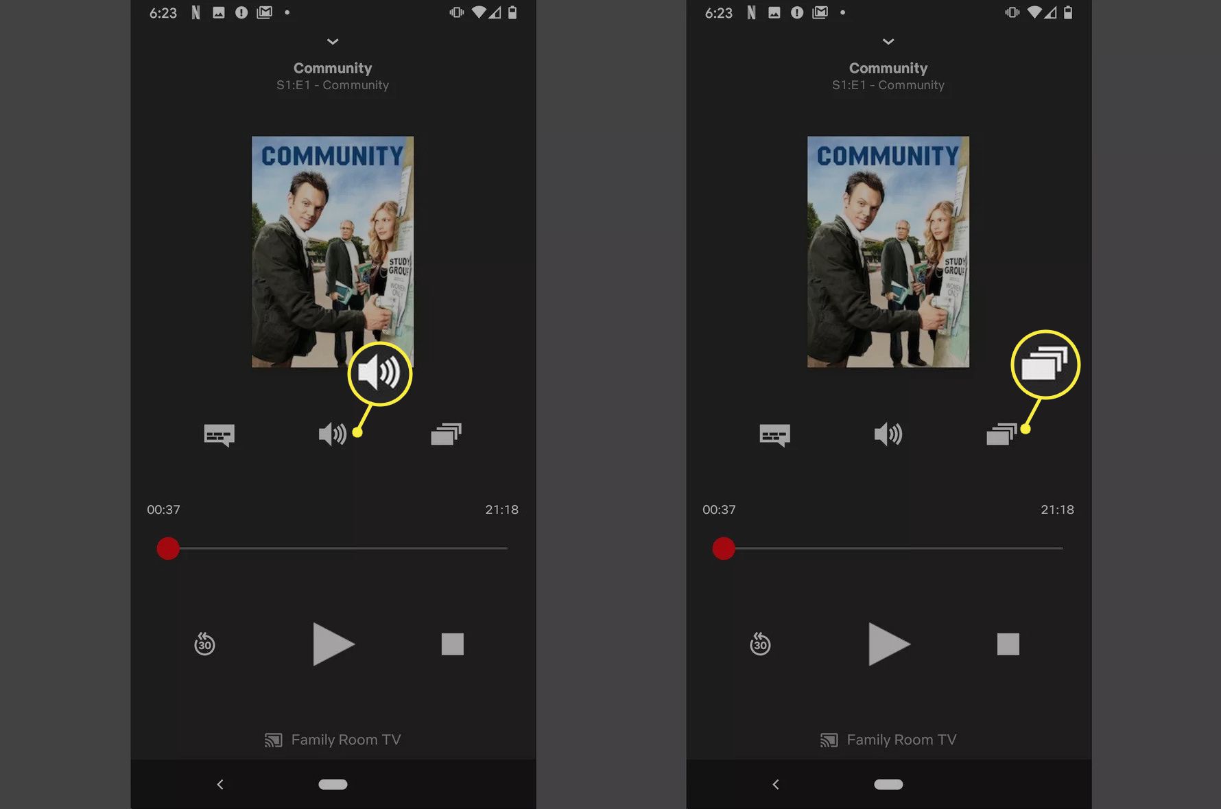 Ikona hlasitosti a ikona Epizody v aplikaci Netflix