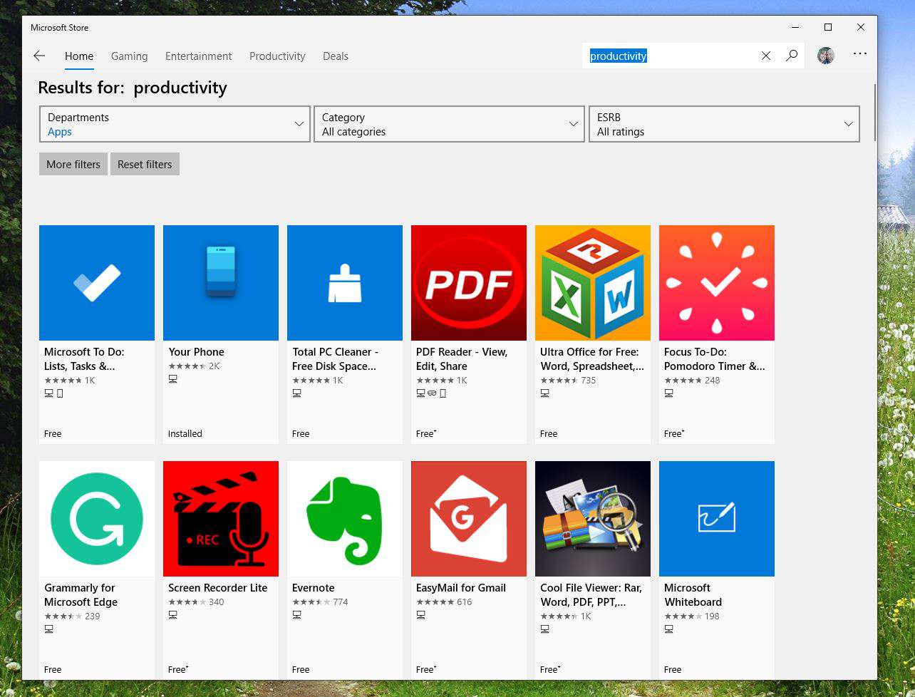 Screenshot z hledání produktivity v Microsoft Storu