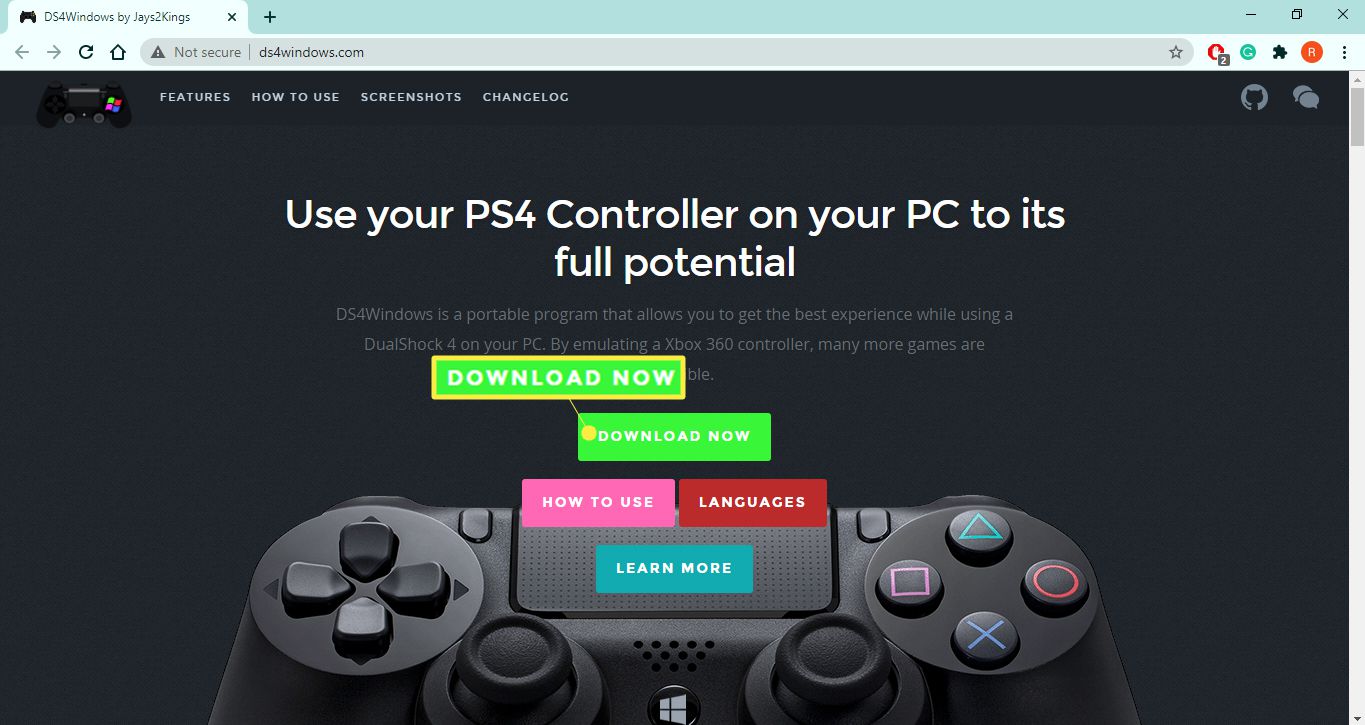 Přejděte na ds4windows.com a vyberte Stáhnout nyní.