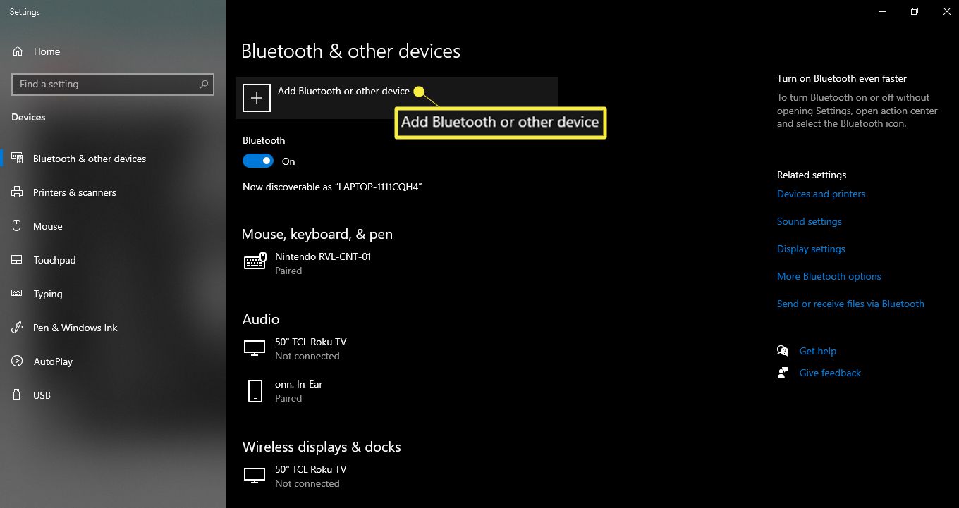 Otevřete nastavení Bluetooth ve Windows a vyberte Přidat Bluetooth nebo jiné zařízení.