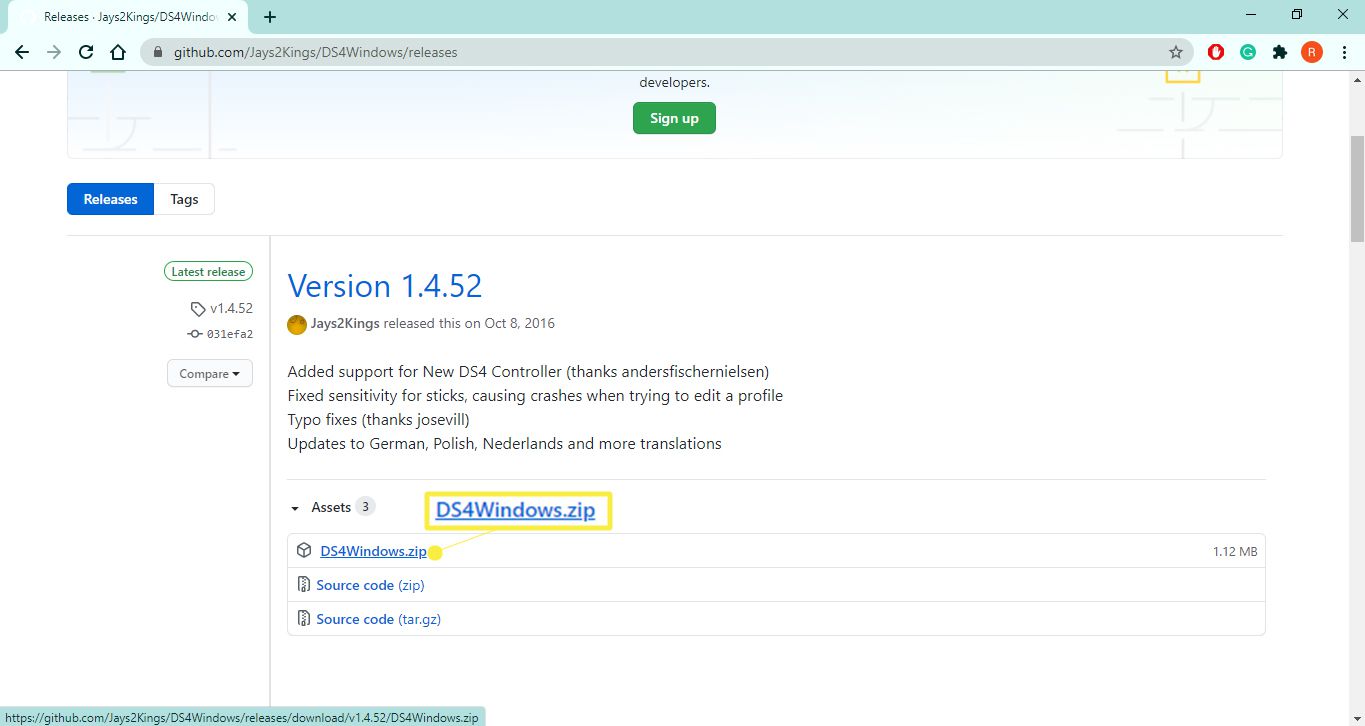 Vyberte soubor DS4Windows.zip a stáhněte jej.