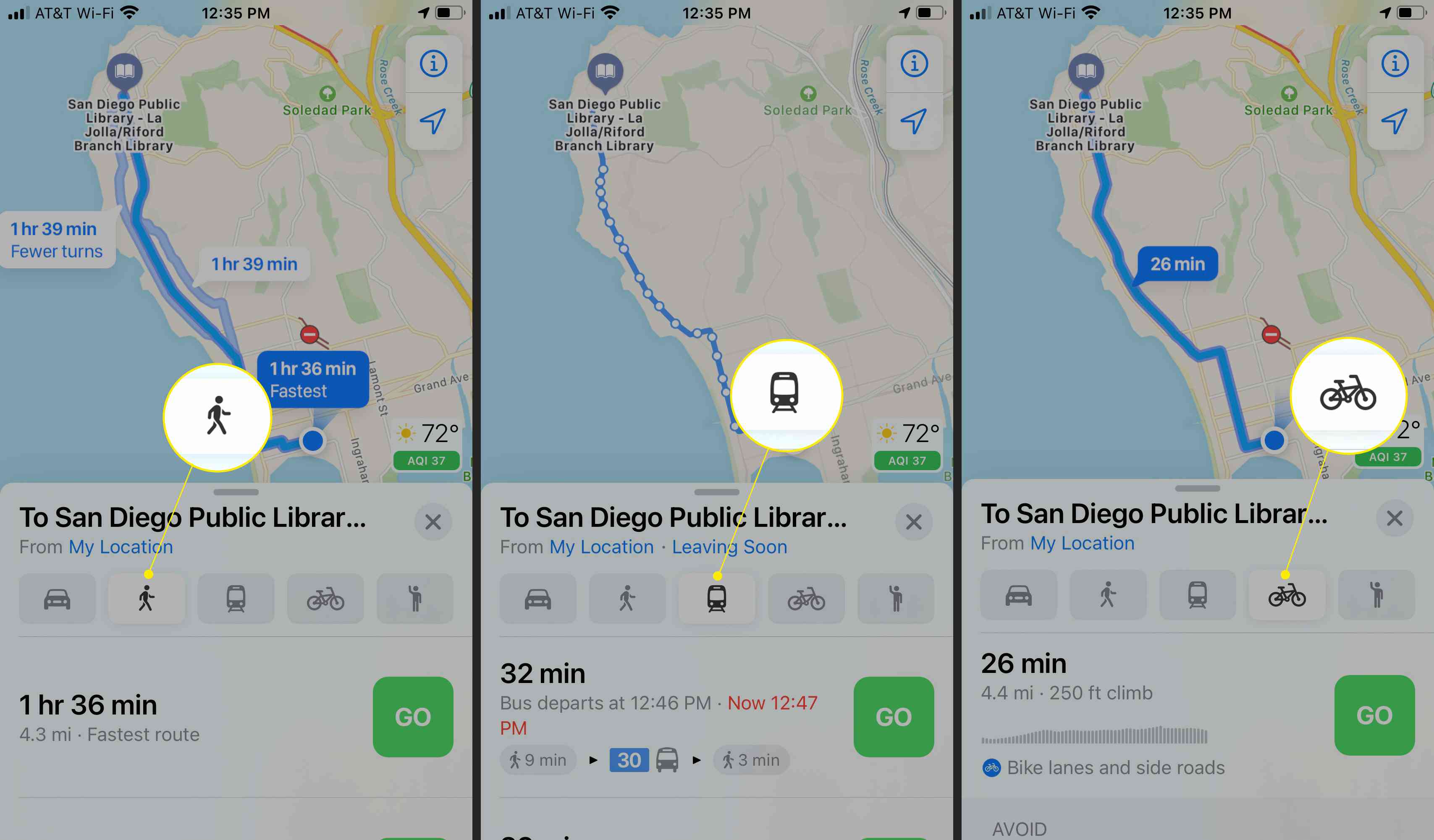 Trasy Apple Maps se zvýrazněnými ikonami Chůze, Veřejná doprava a Kolo