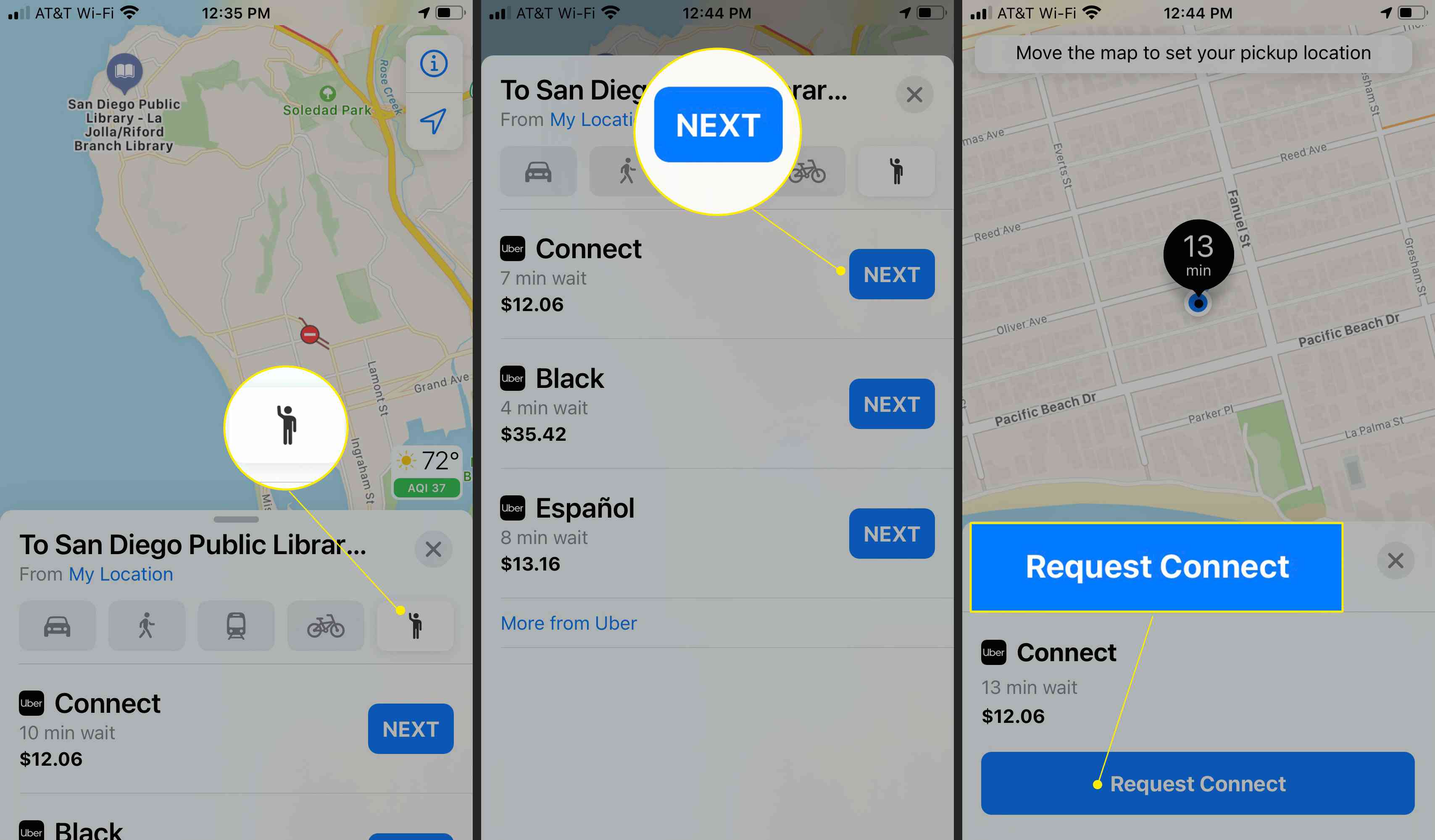 Aplikace Apple Maps iOS se zvýrazněnou ikonou Rideshare, Další a Vyžádat připojení