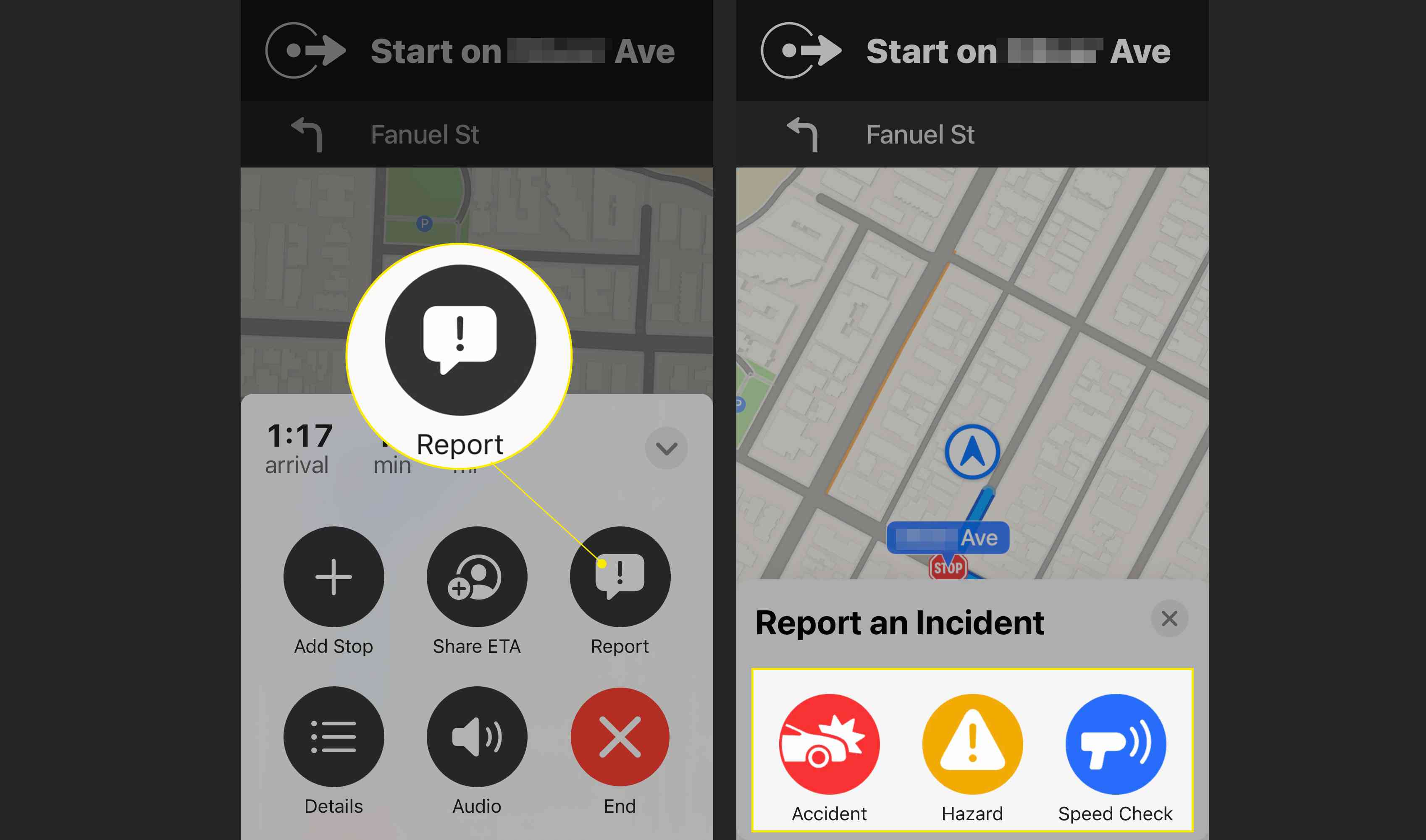 Apple Maps se zvýrazněným rozhraním Report incident