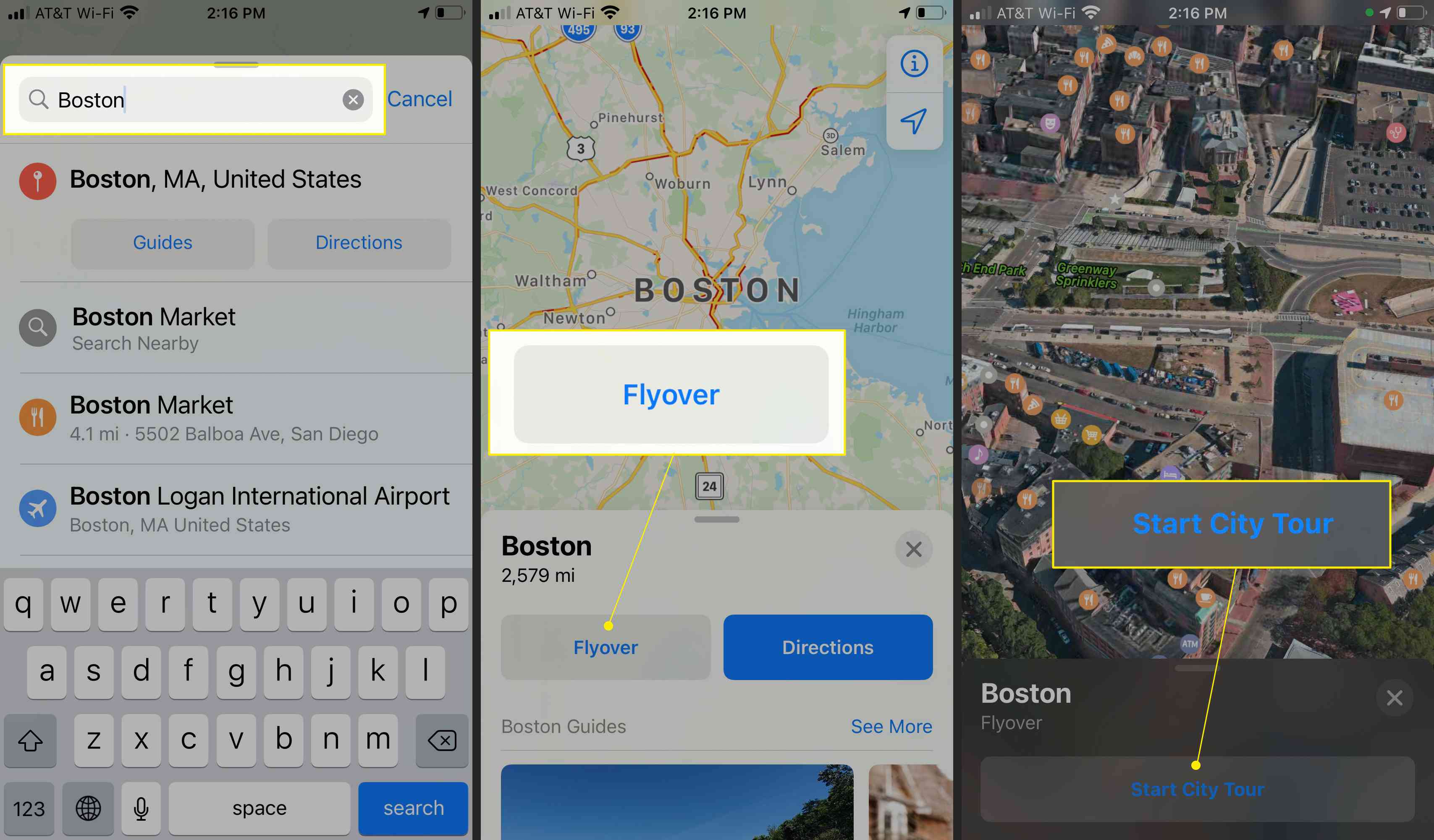 Zvýrazněny Apple Maps s Boston City Flyover a Start City Tour