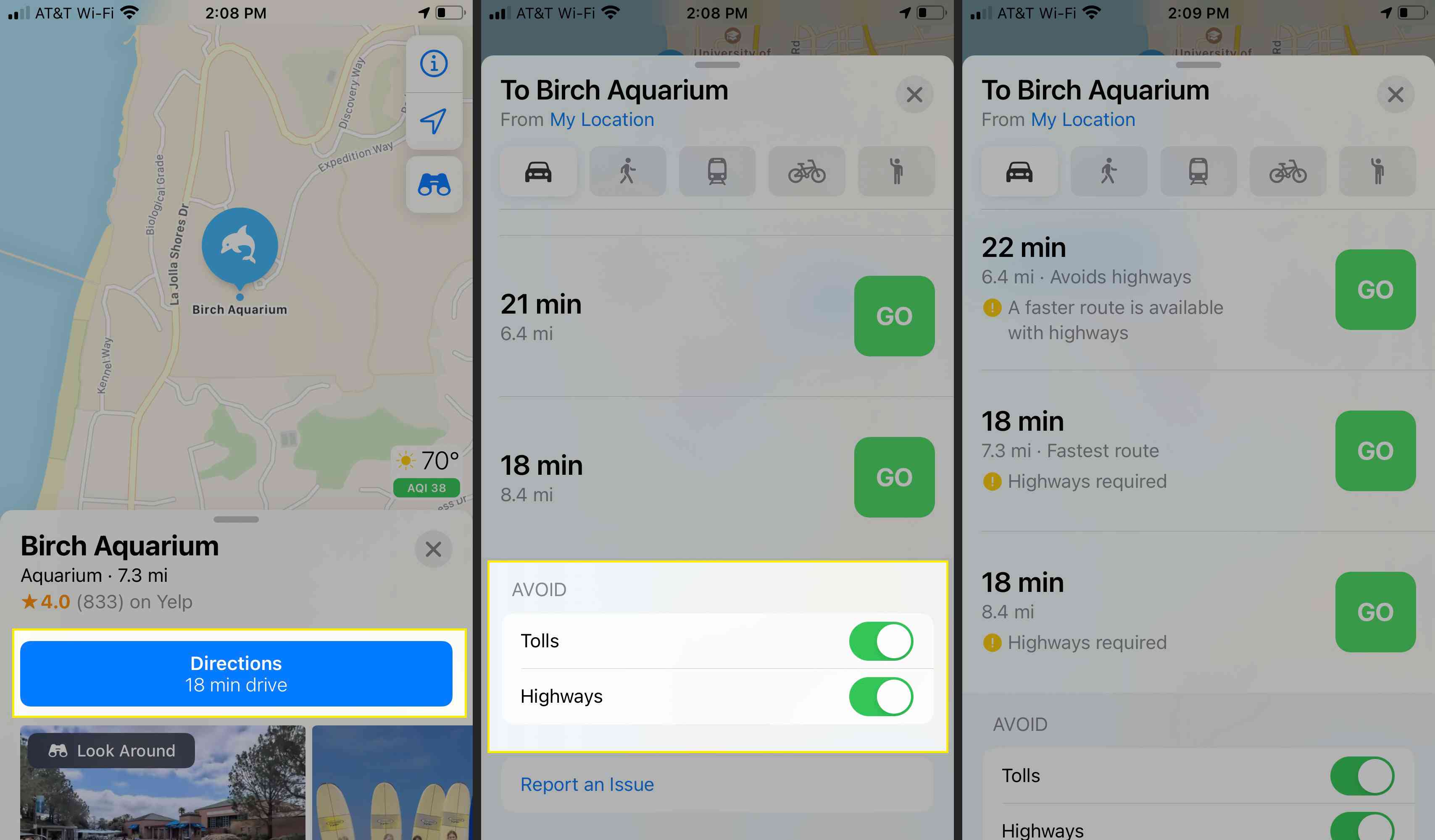 Obrazovky Apple Maps Vyvarujte se mýtného a dálnic