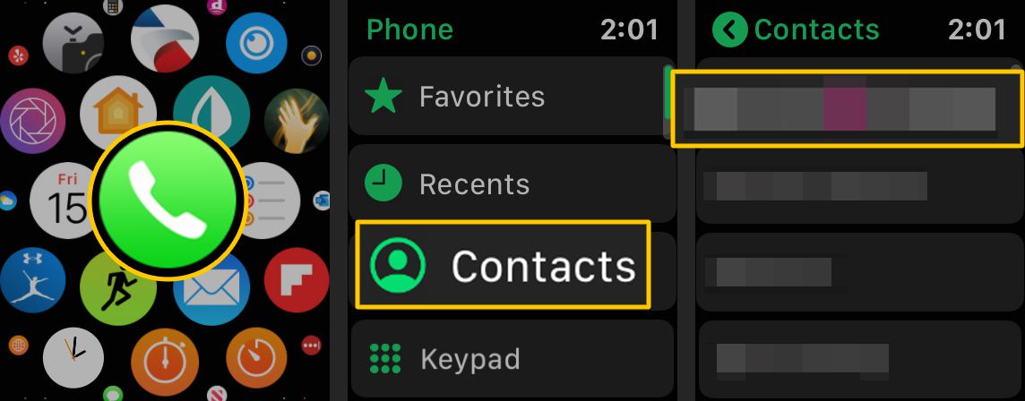Ikona telefonu, tlačítko Kontakty, Kontakt na Apple Watch