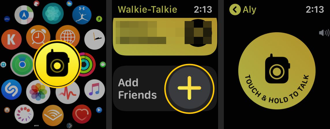 Ikona vysílačky, Přidat přátele, tlačítka Touch & Hold to Talk na Apple Watch