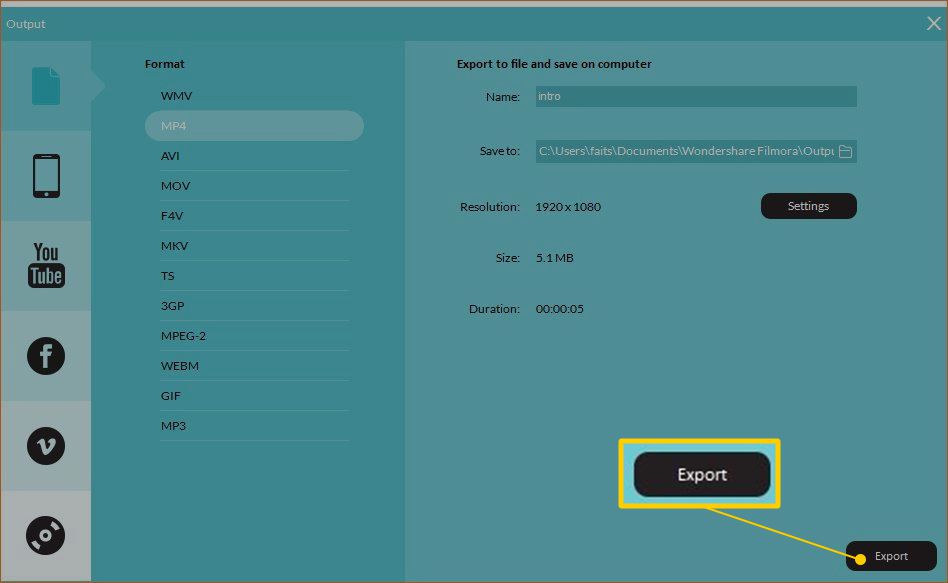 Tlačítko Export na obrazovce Formát v aplikaci Filmora