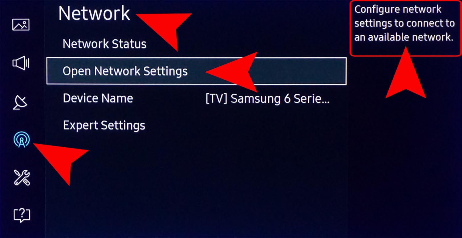 Stránka nastavení Samsung Smart TV Network