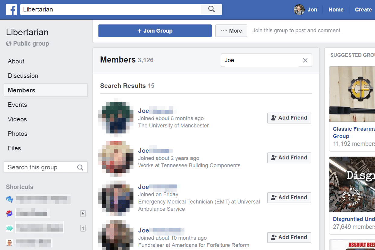 Libertariánská skupina a vyhledávání lidí na Facebooku