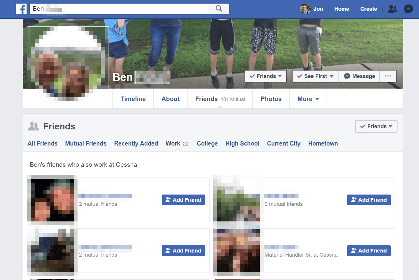 Facebookový profil zobrazující pracovní přátele