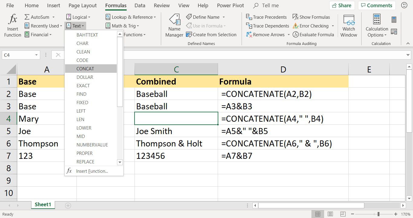 Snímek obrazovky ukazující, kde lze najít funkci CONCATENATE v aplikaci Excel