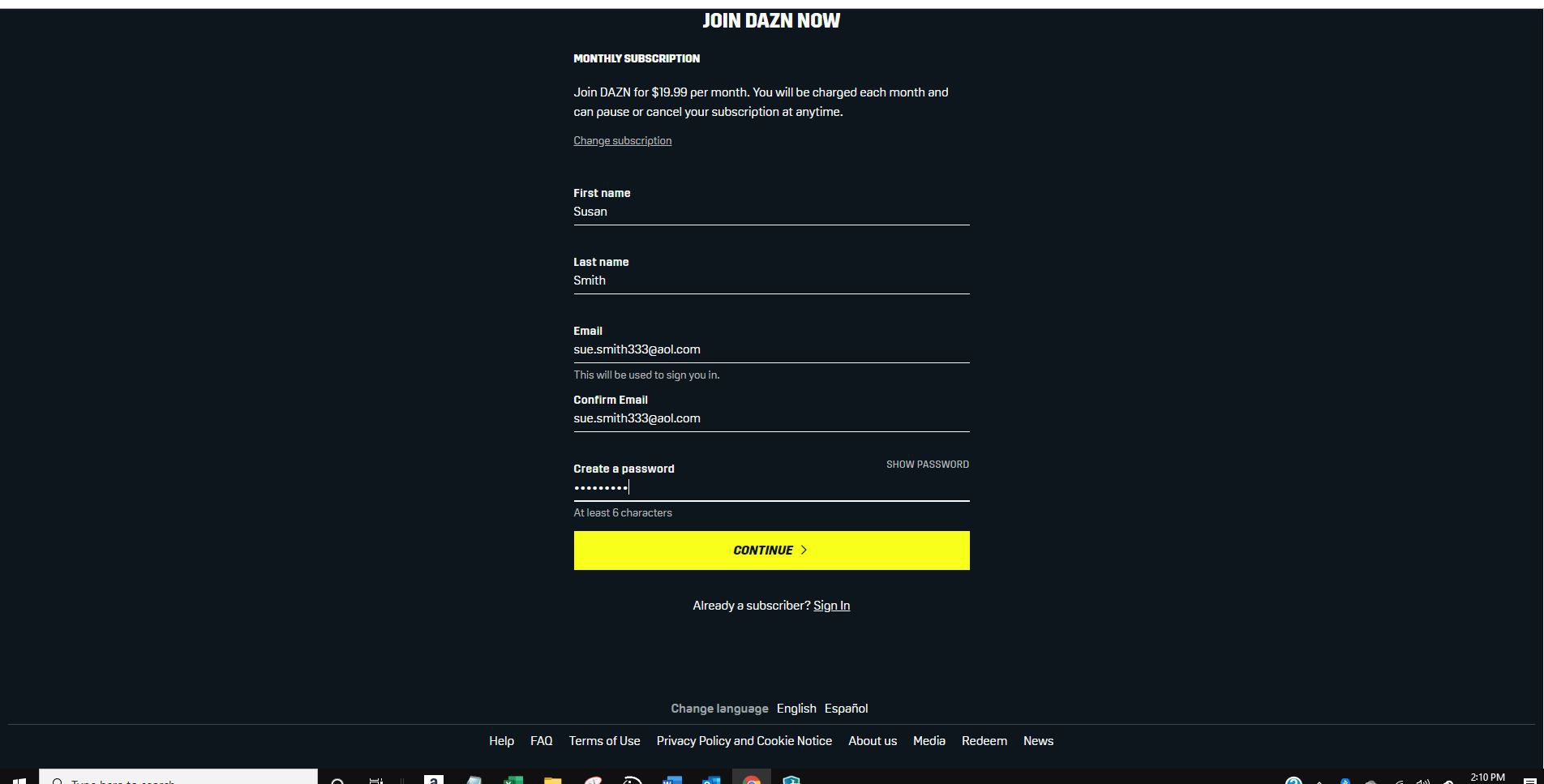 Screenshot stránky s osobními informacemi při registraci DAZN