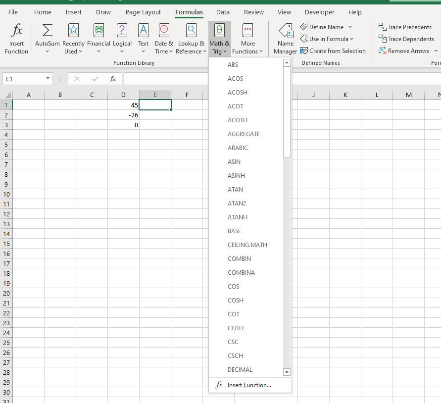 Math & Trig v knihovně funkcí v aplikaci Excel