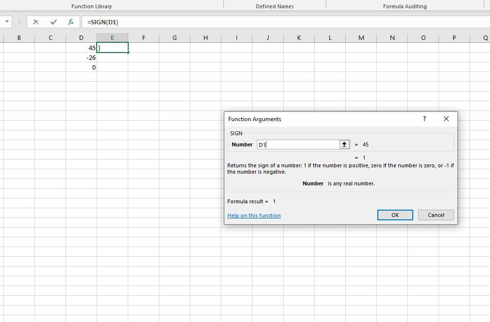 V poli Číslo v dialogu Argumenty funkce SIGN je vybrána D1