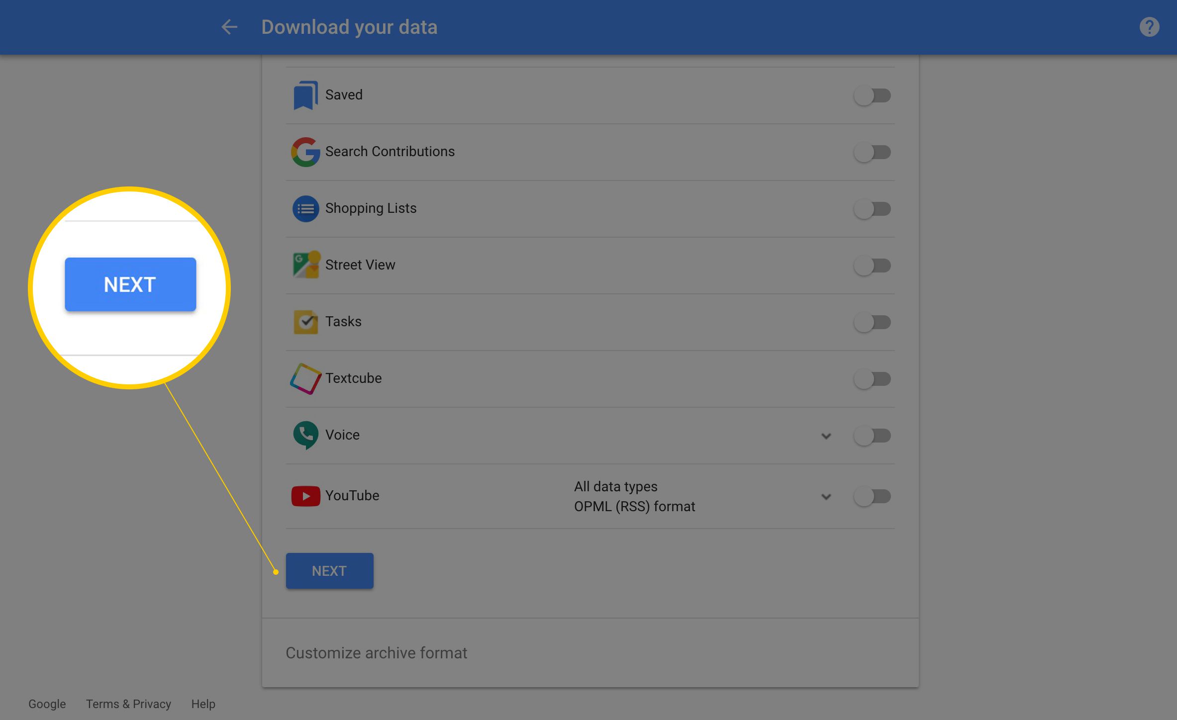 Tlačítko Další na stránce Stažení dat v účtu Google