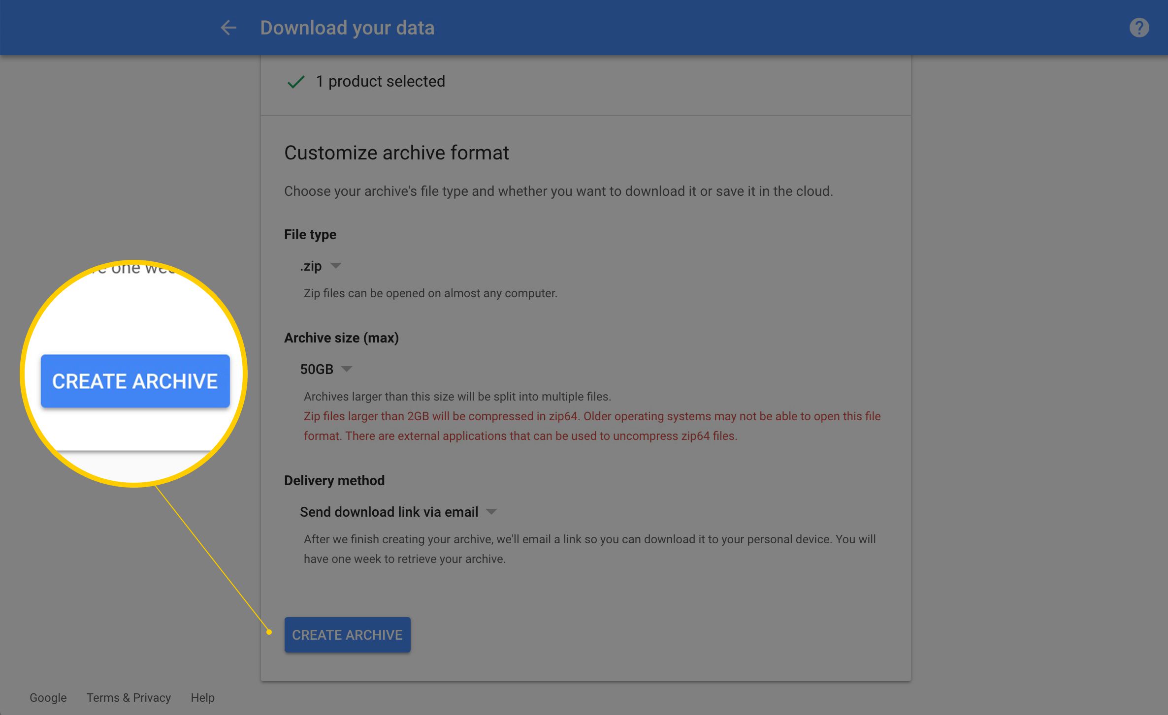 Tlačítko Vytvořit archiv na stránce Stažení dat v účtu Google