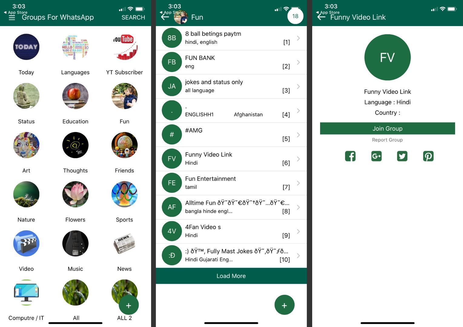 Tři snímky obrazovky aplikace Skupiny pro WhatsApp.