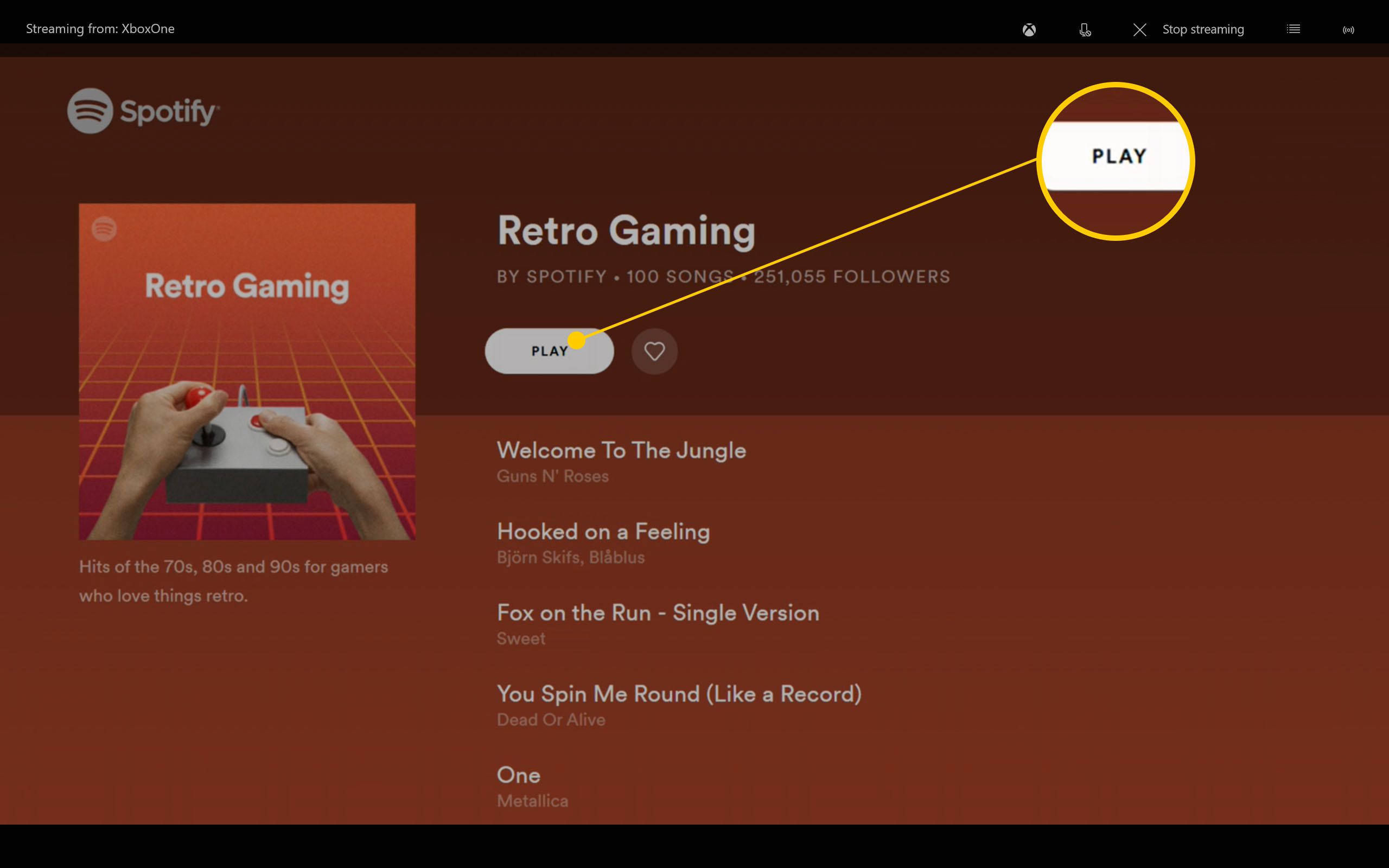 Aplikace Xbox One Spotify se zvýrazněným seznamem skladeb