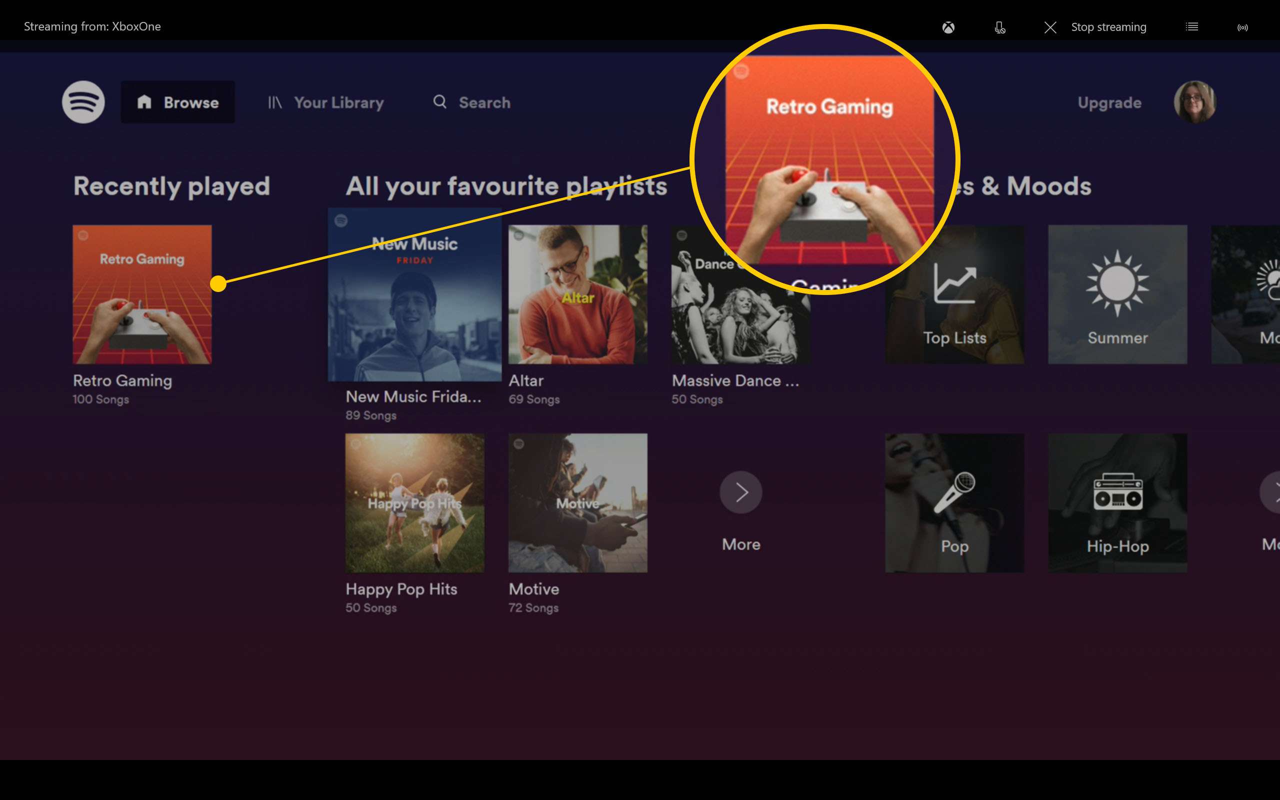 Aplikace Spotify pro Xbox One se zvýrazněnými seznamy skladeb