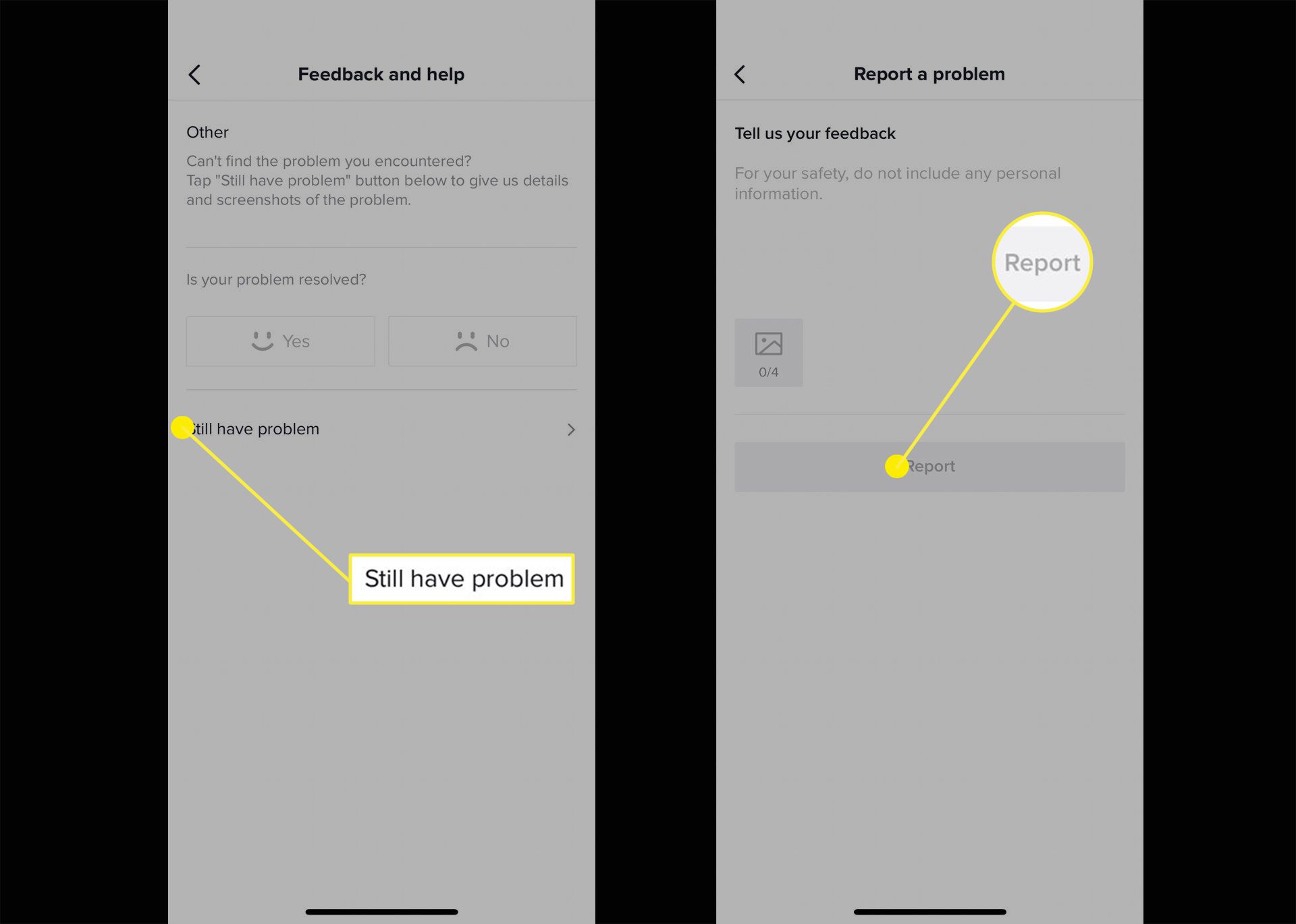 Screenshoty, kde nahlásit problém na TikToku.