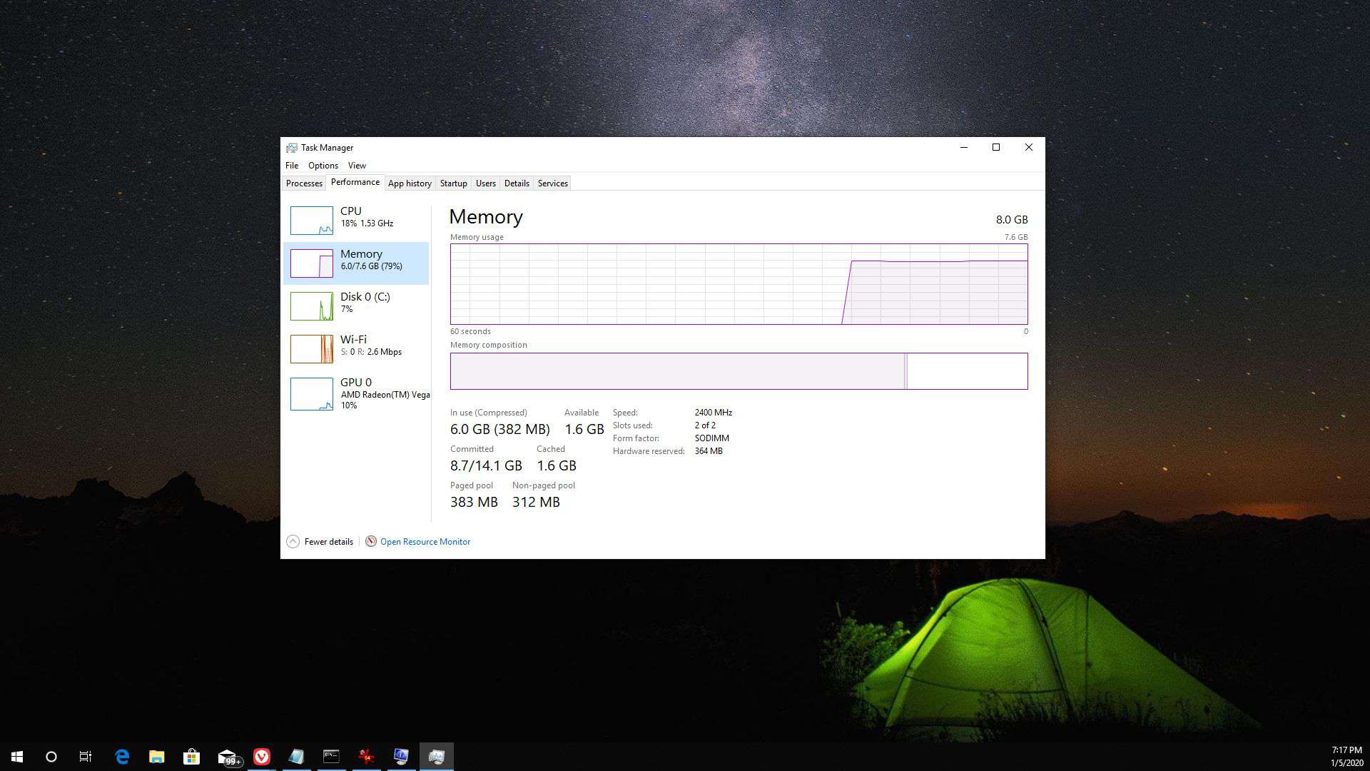 Screenshot obrazovky RAM na hlavním panelu Windows 10