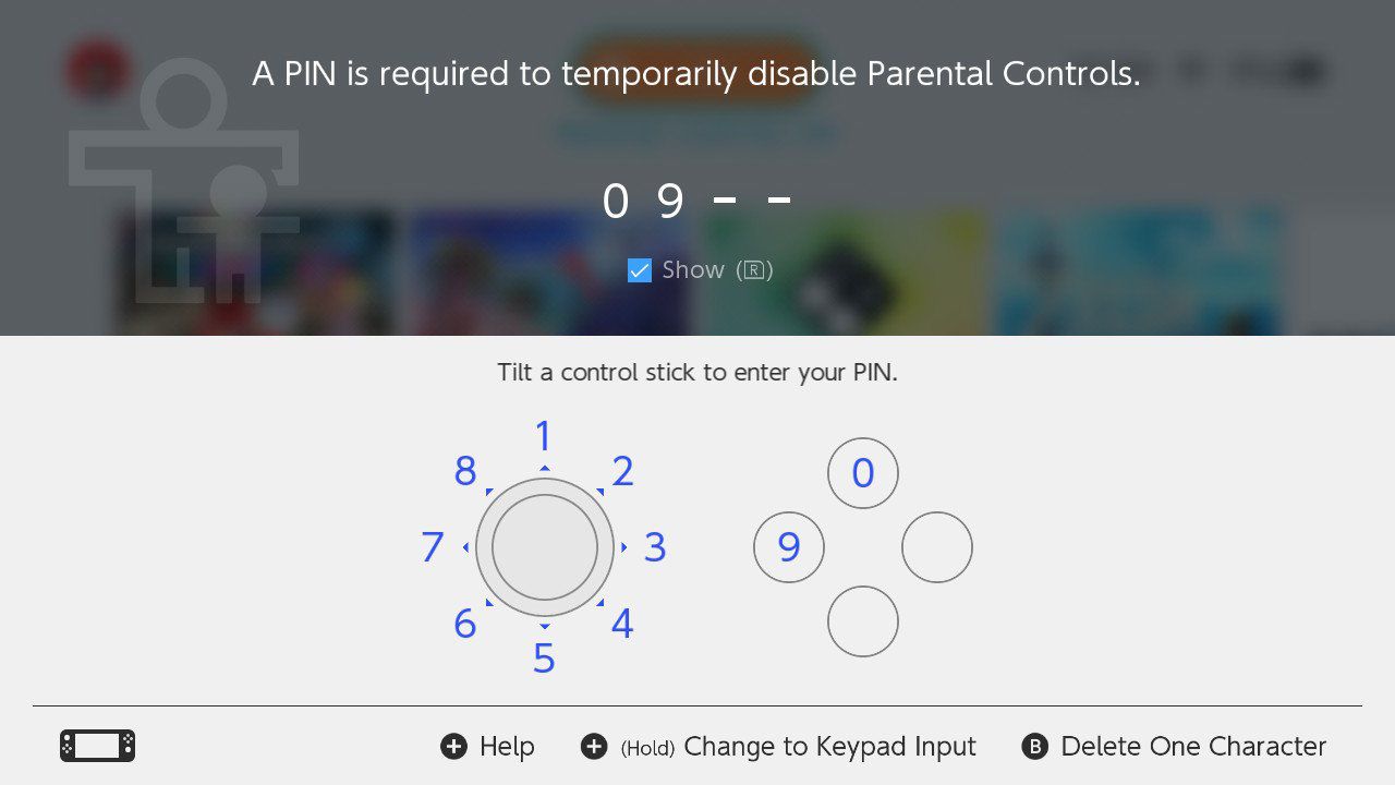 Zadání kódu PIN na obrazovce Nintendo Switch Parental Controls