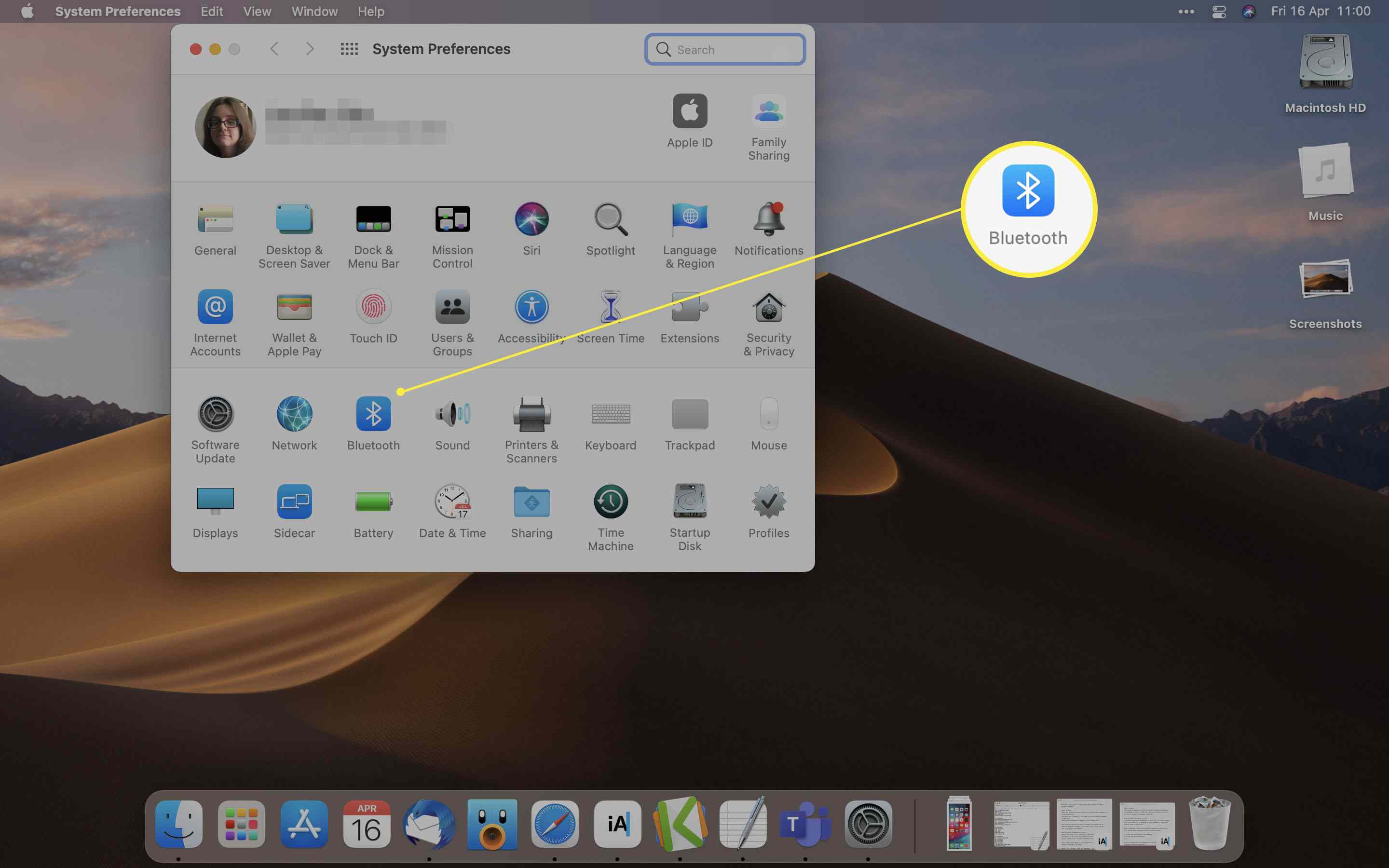 Předvolby systému MacOS se zvýrazněným Bluetooth