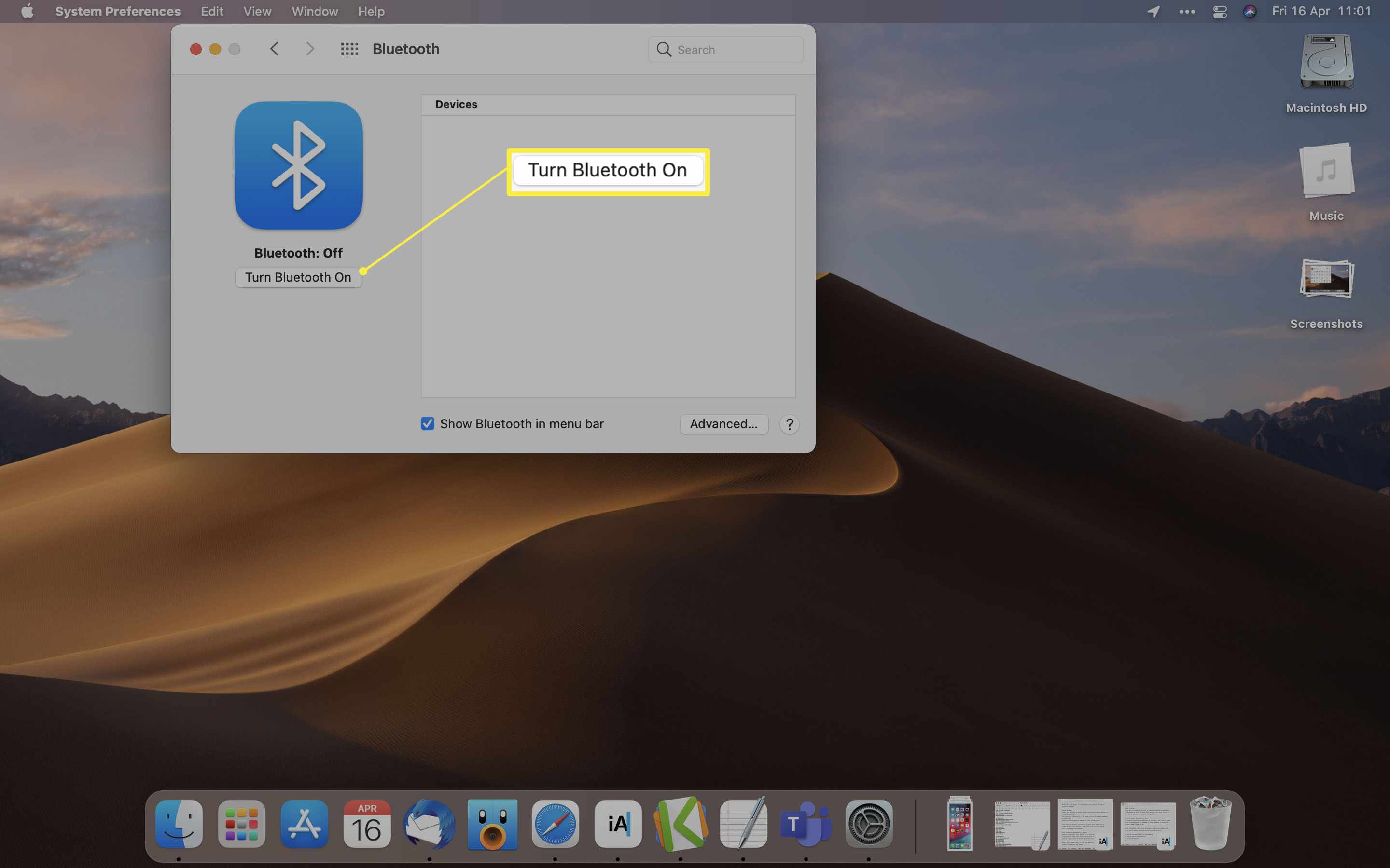 MacOS se zvýrazněným Zapnout Bluetooth
