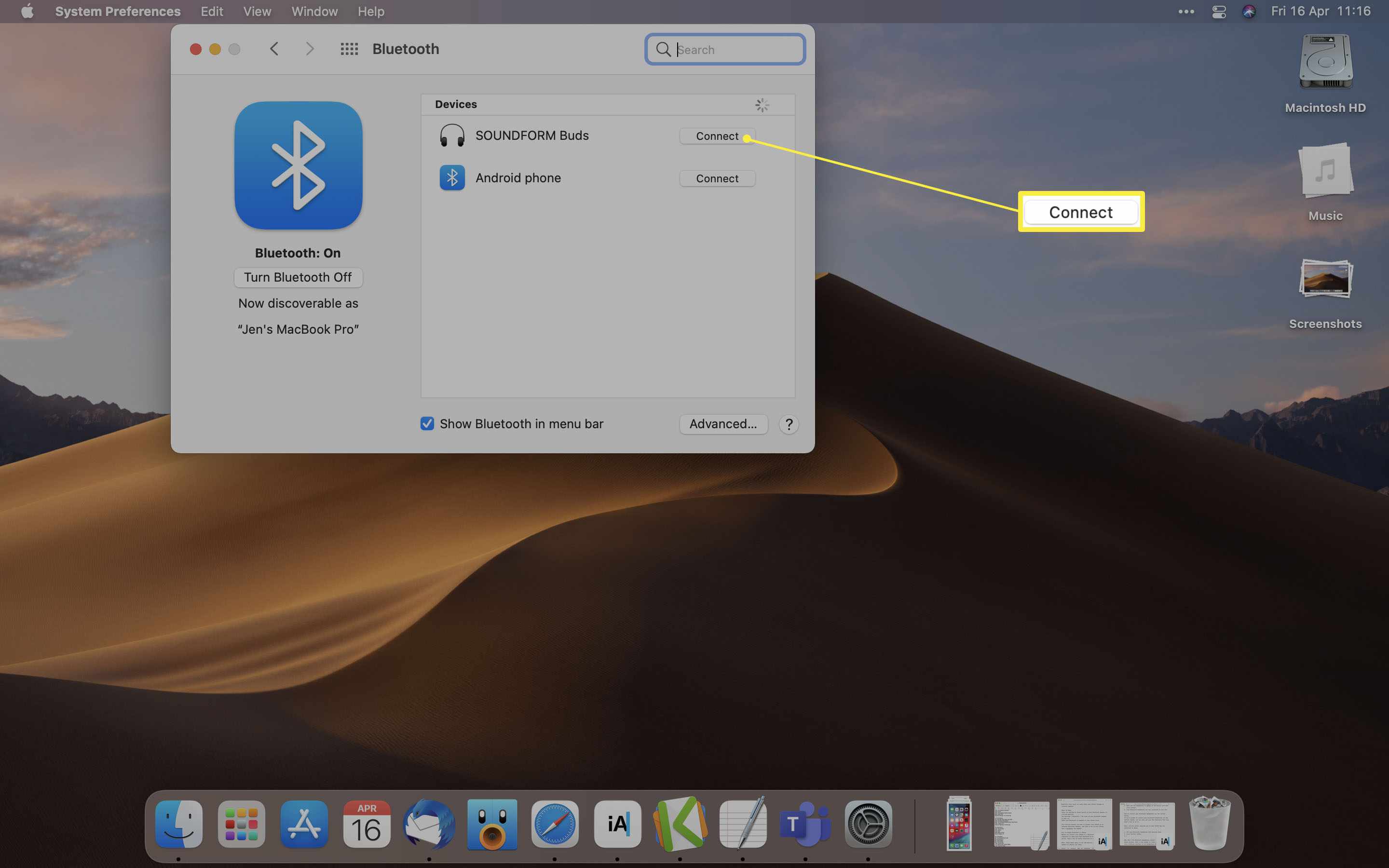 Otevře se MacOS s předvolbami Bluetooth a zvýrazní se Připojit