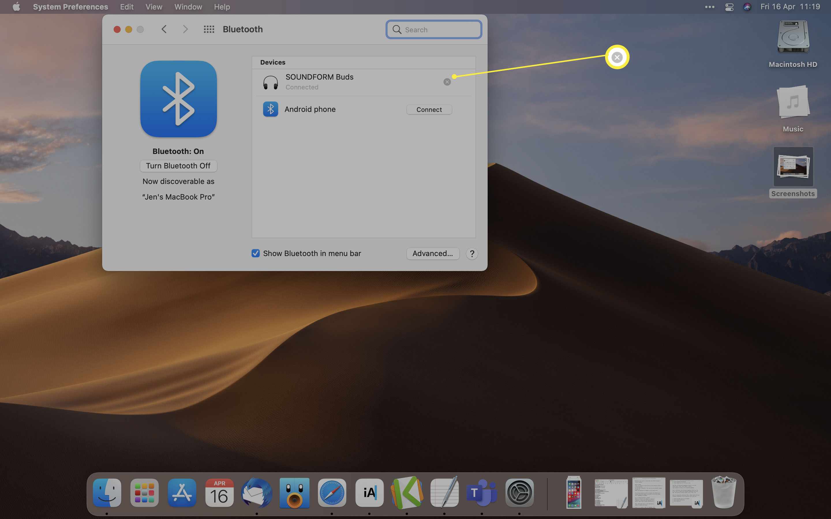 Možnosti Bluetooth pro MacOS se zvýrazněním odpojit x vedle reproduktoru Bluetooth