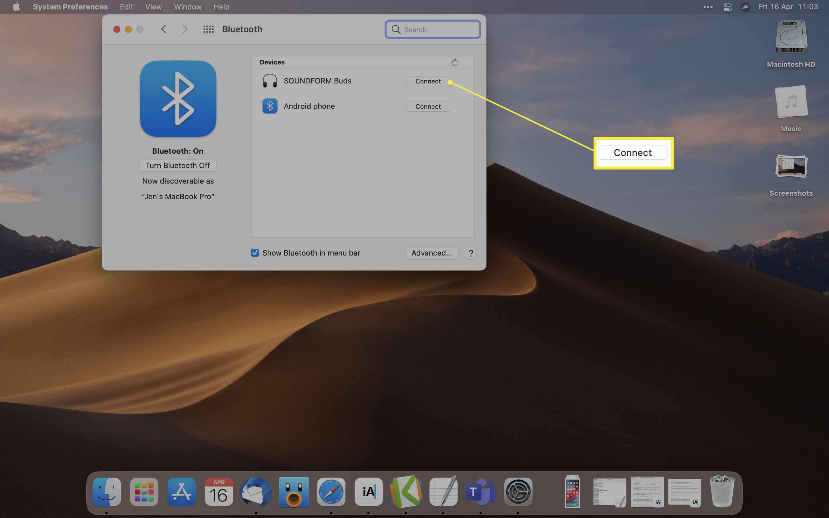 MacOS S otevřeným seznamem zařízení Bluetooth a zvýrazněním Připojit
