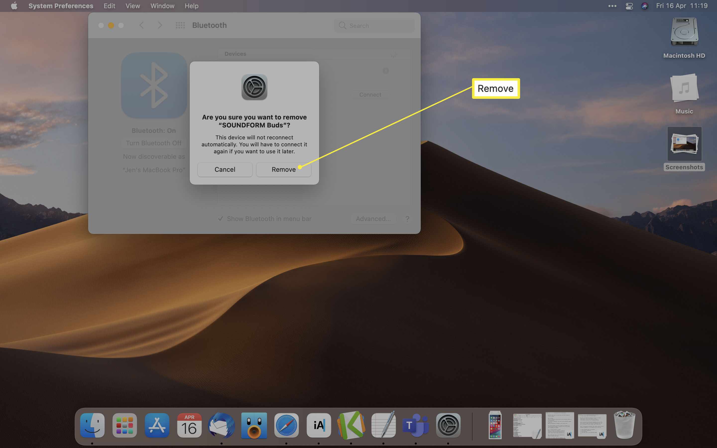 Možnosti Bluetooth pro MacOS se zvýrazněnou položkou Odebrat zařízení