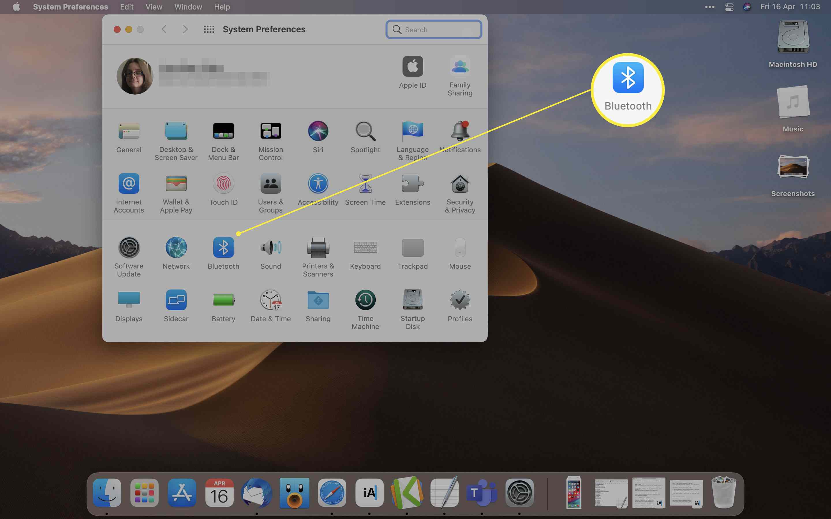 Předvolby systému MacOS se zvýrazněným Bluetooth