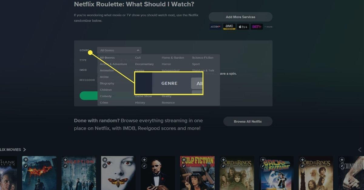 Seznam žánrů na stránce Netflix Roulette