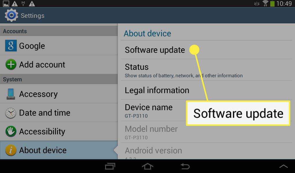 Aktualizace softwaru zvýrazněna v aplikaci Nastavení v zařízení Android.
