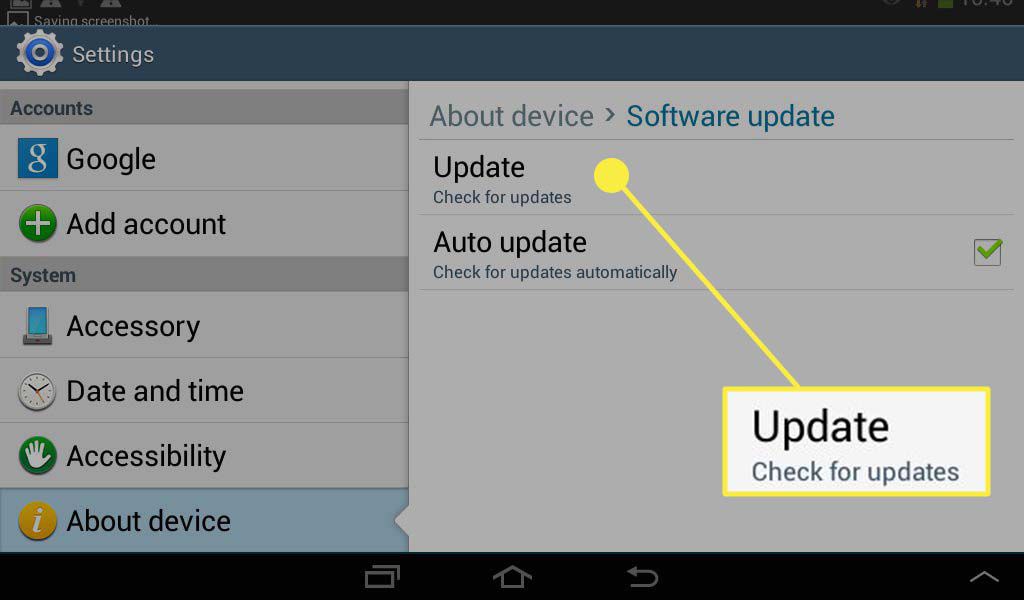 Tlačítko Aktualizovat zvýrazněné v aplikaci Nastavení v zařízení Android.