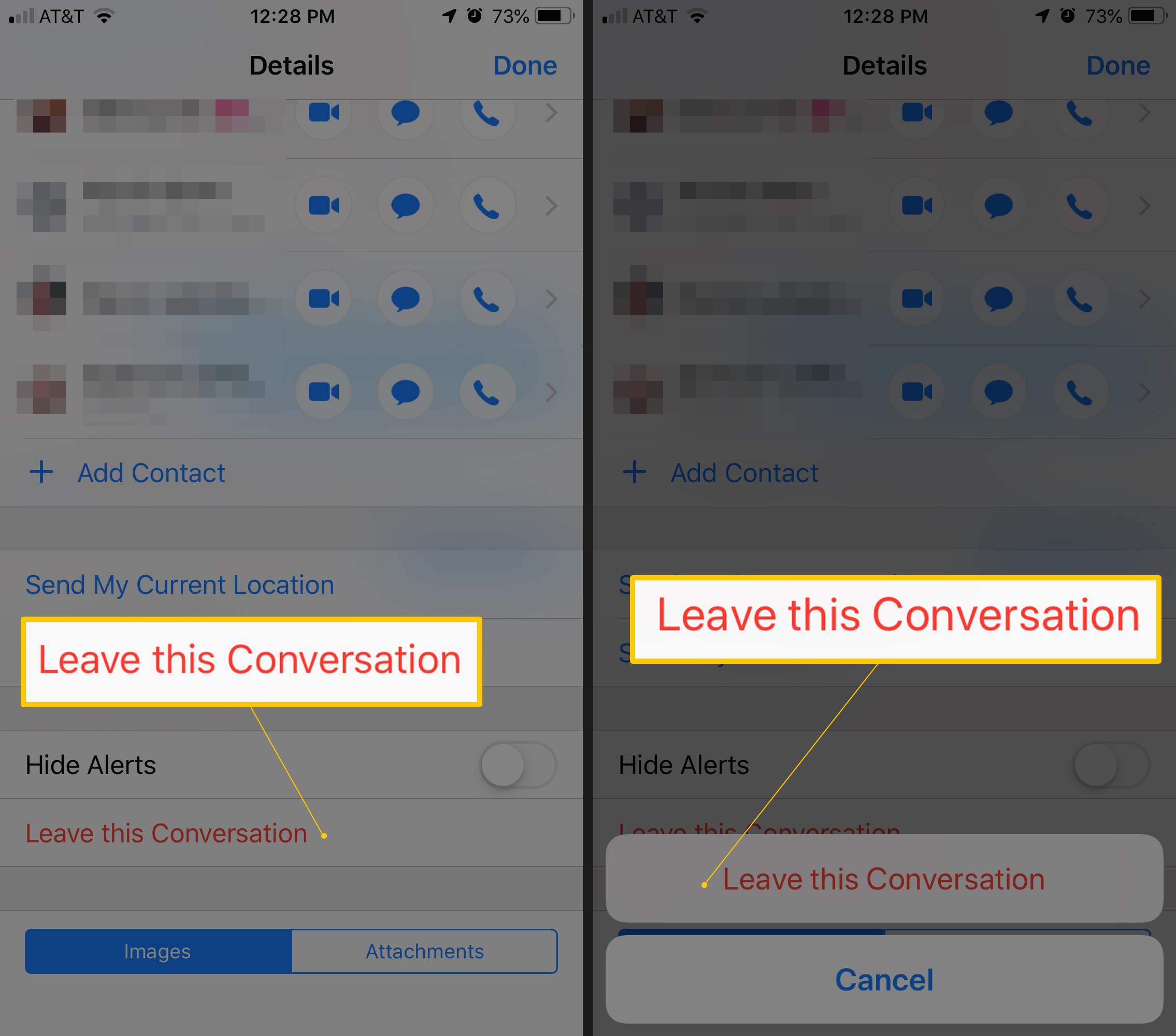 Dvě obrazovky iOS zobrazující Opustit možnosti konverzace a potvrzovací tlačítko