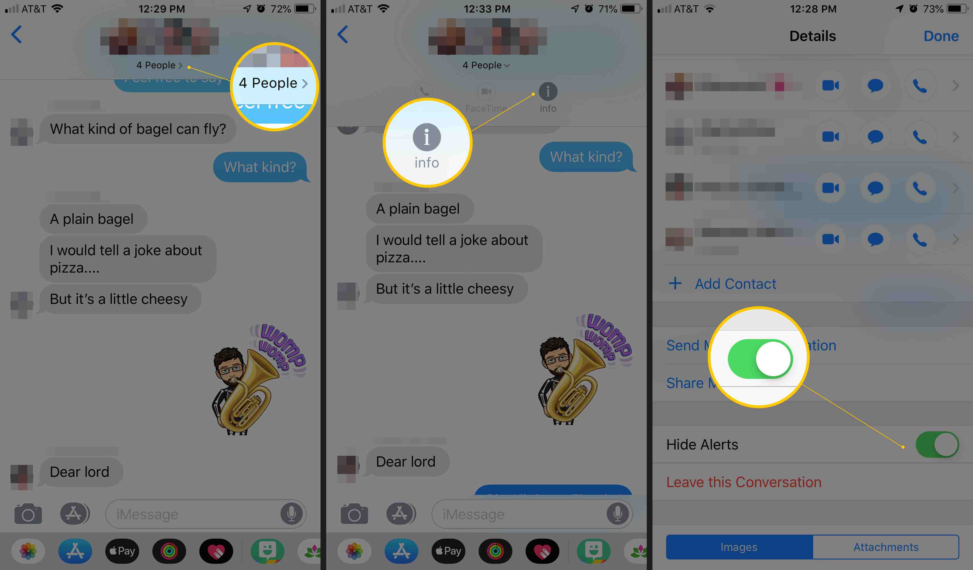 Tři obrazovky iOS zobrazující skupinu nahoře, ikonu Informace a přepínač Skrýt upozornění nastaveny na ZAPNUTO