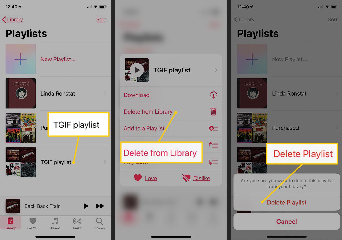 Playlist, Delete from Library, Delete Playlist