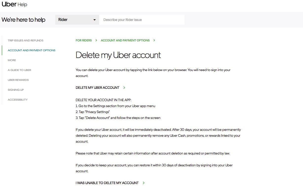 Webová stránka pro odstranění účtu Uber