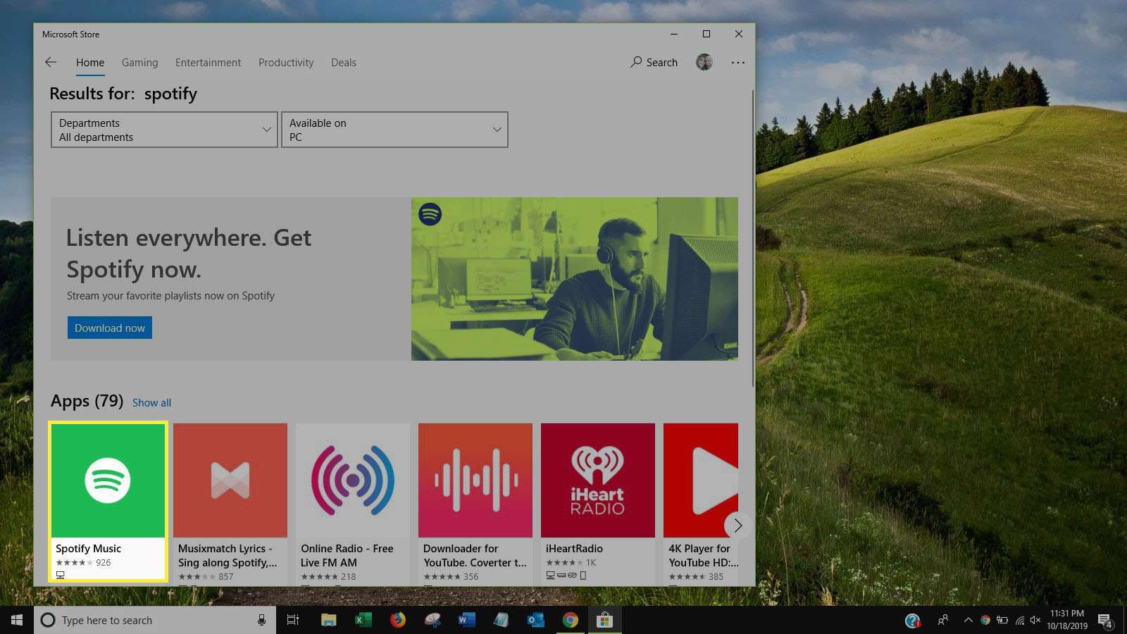 Výsledky vyhledávání Spotify v Microsoft Storu