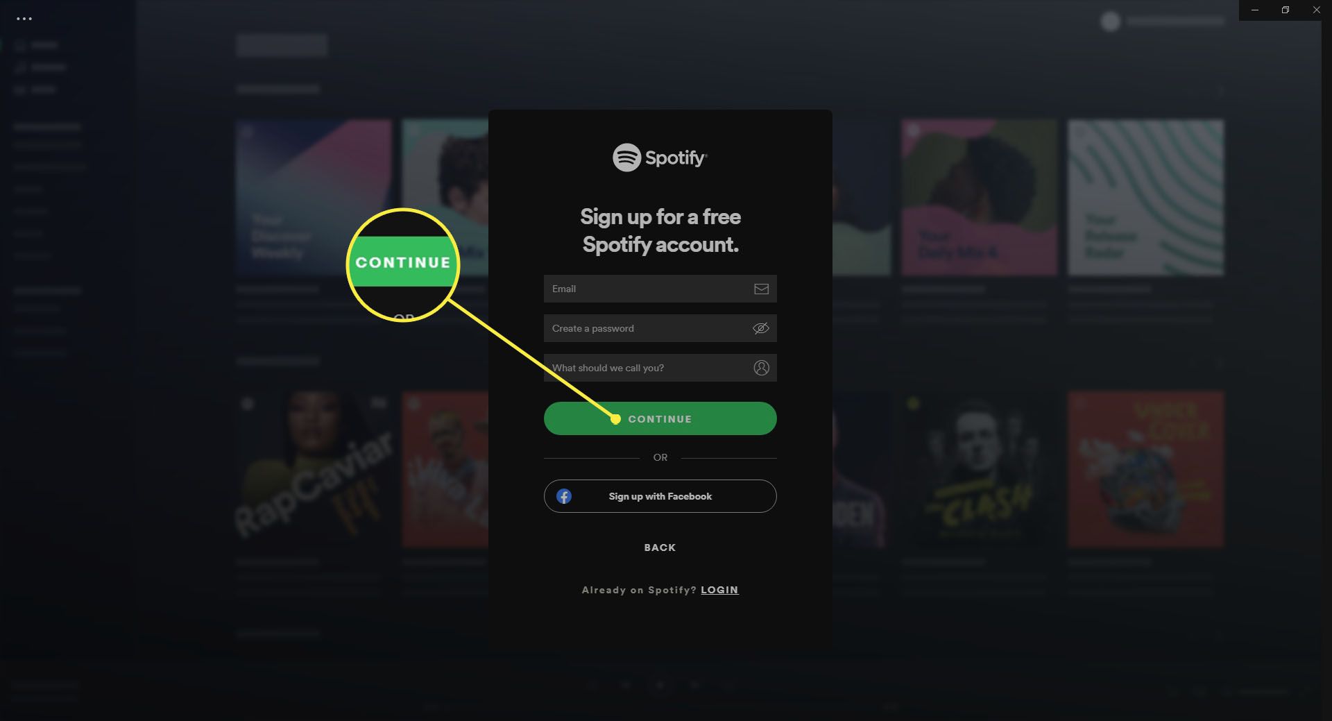 Zadání e-mailu, hesla a přezdívky v nastavení účtu Spotify.