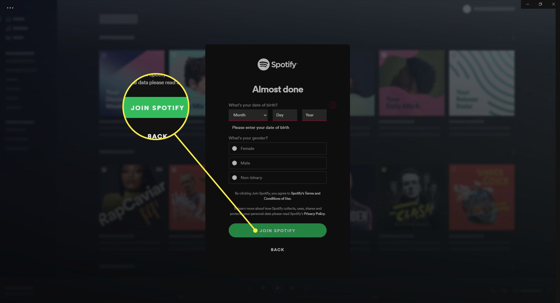 Vyberte možnost Připojit se k Spotify.