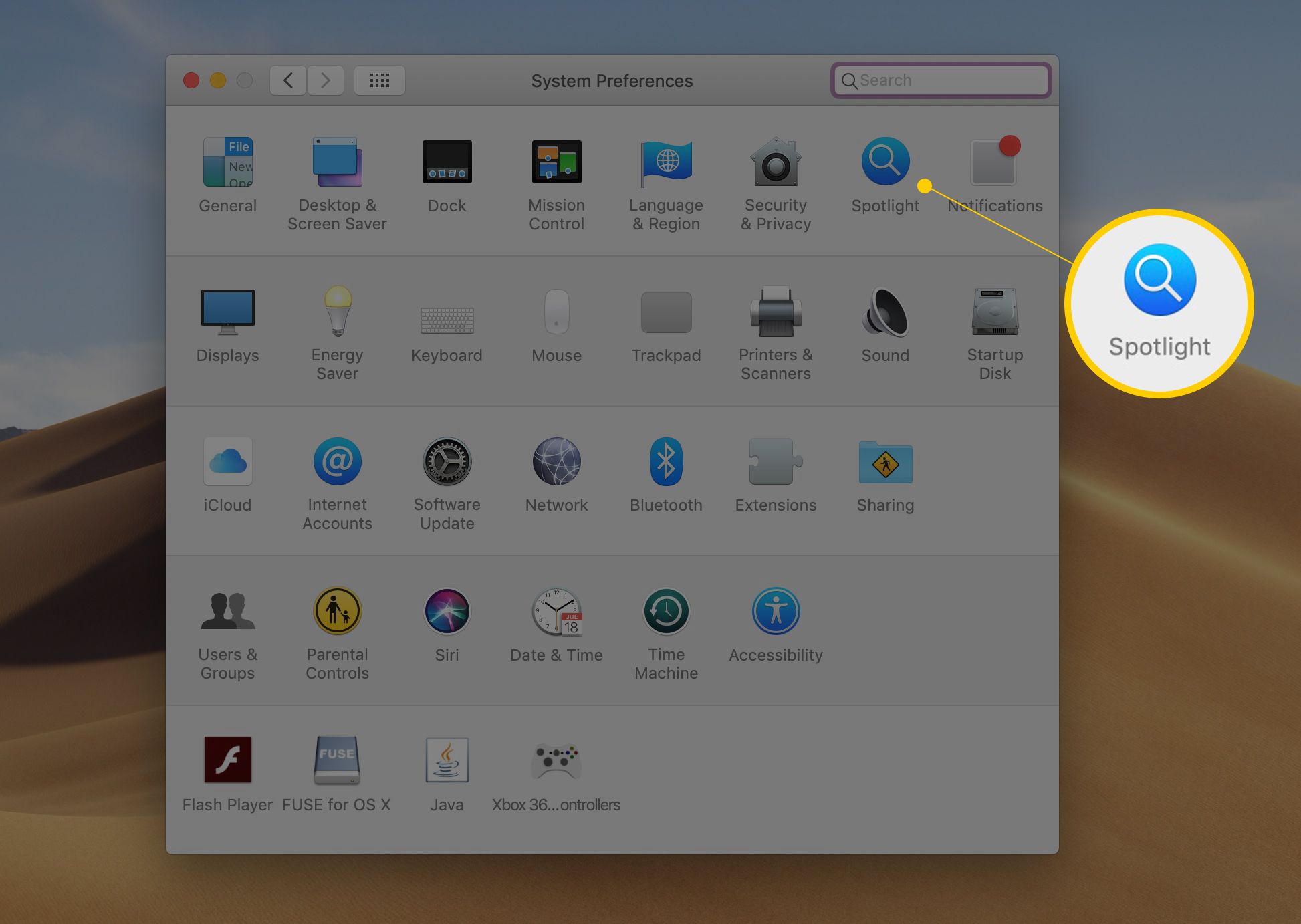 Ikona Spotlight v aplikaci System Preferences v systému macOS