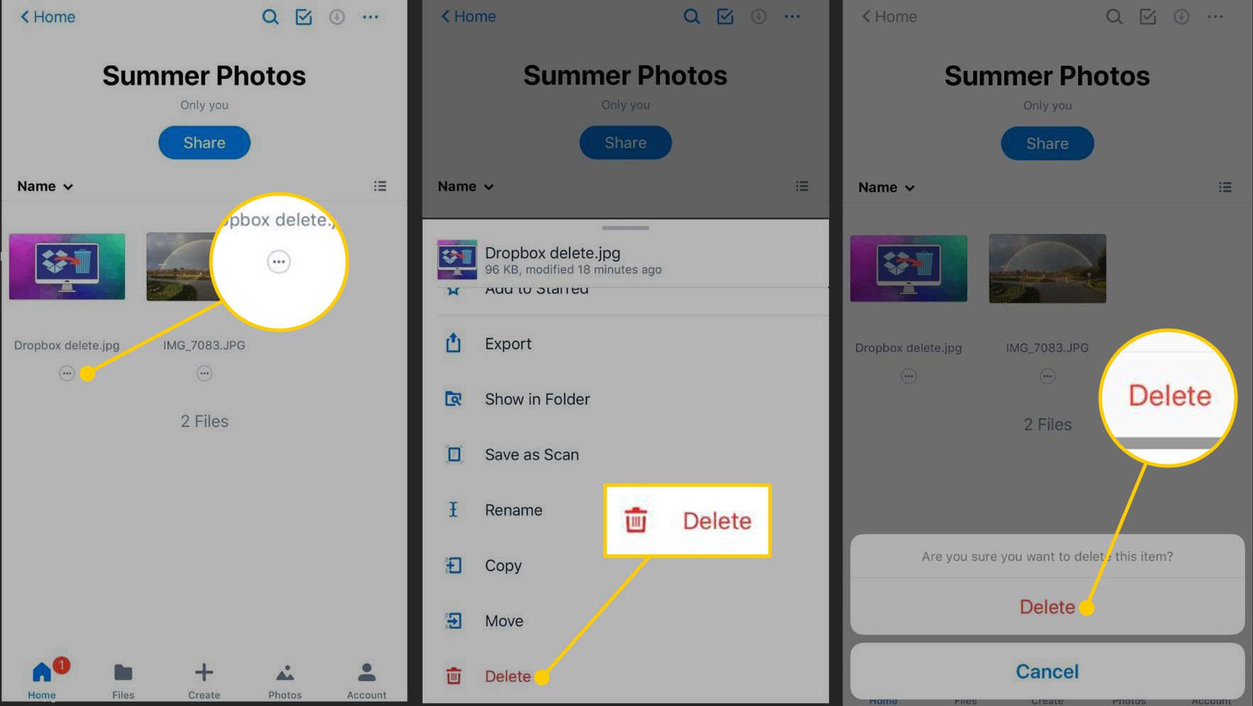 Odstranění položky v Dropboxu pro iOS
