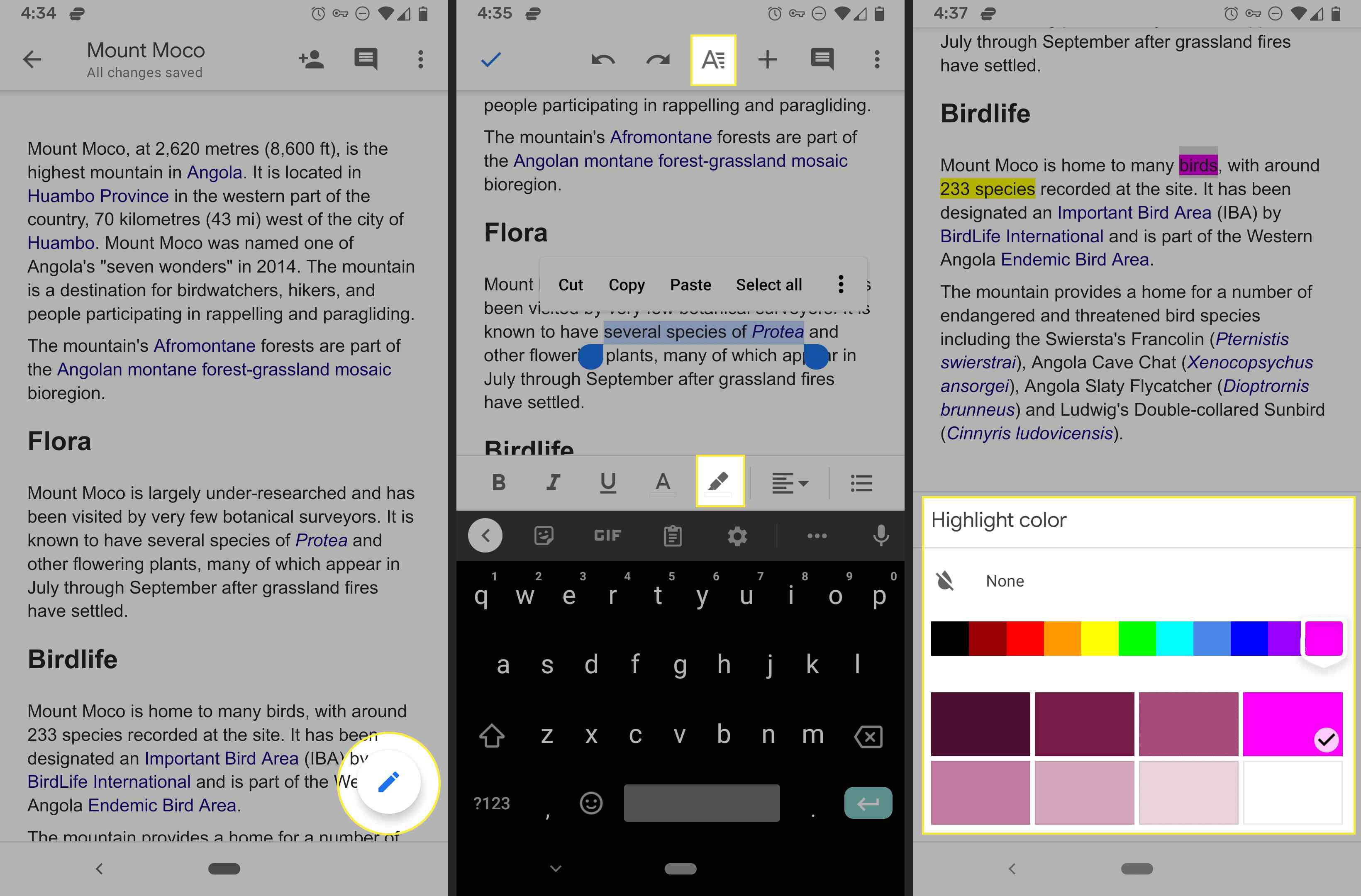 Zvýrazňovač Dokumentů Google v mobilní aplikaci pro Android.