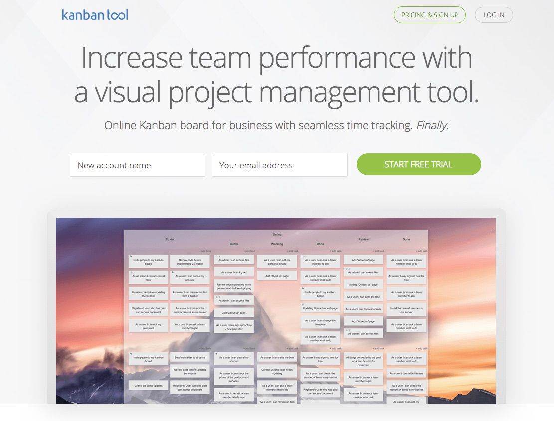 Screenshot webové stránky Kanban Tool