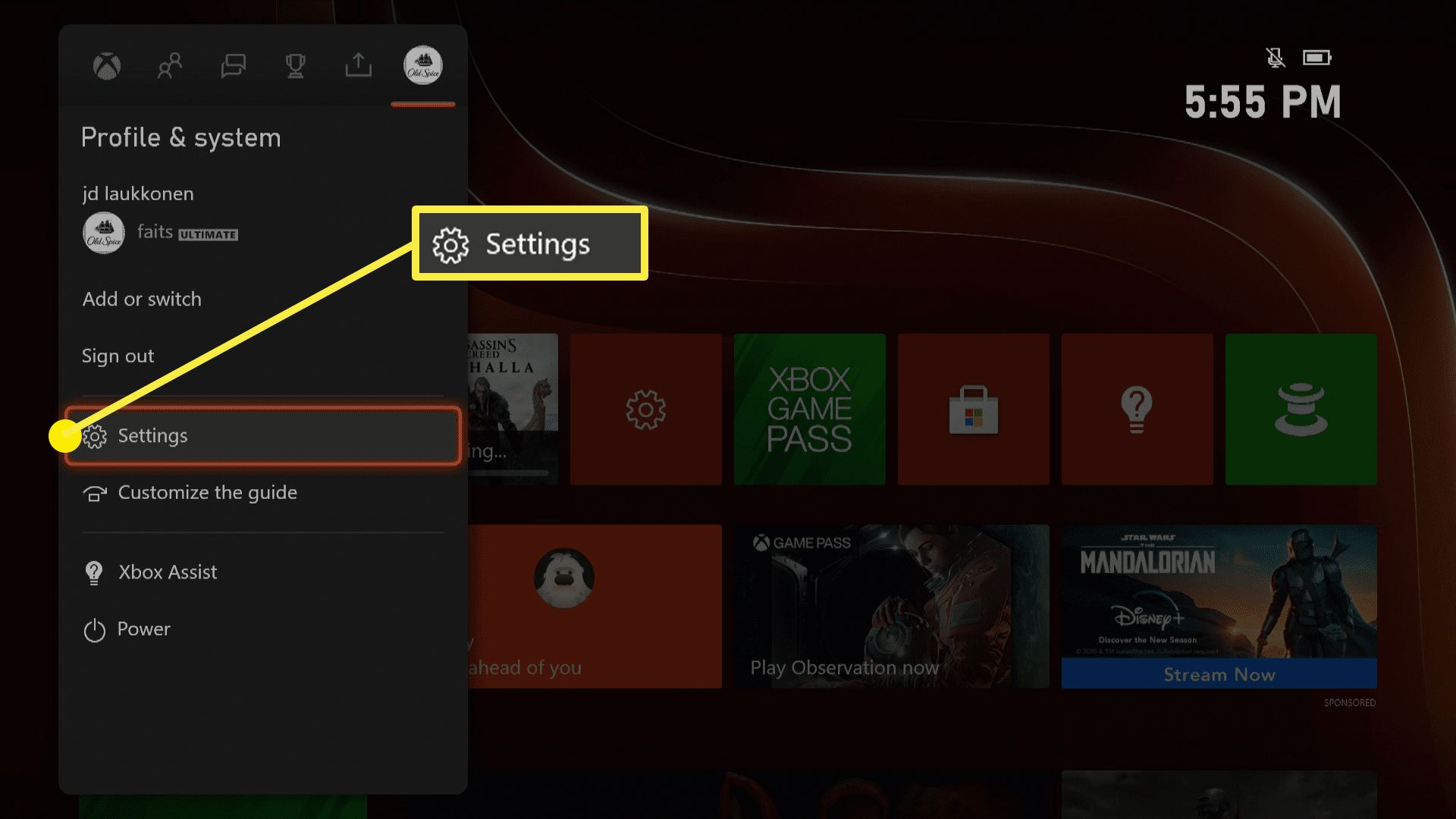 Snímek obrazovky průvodce Xbox Series X / S.
